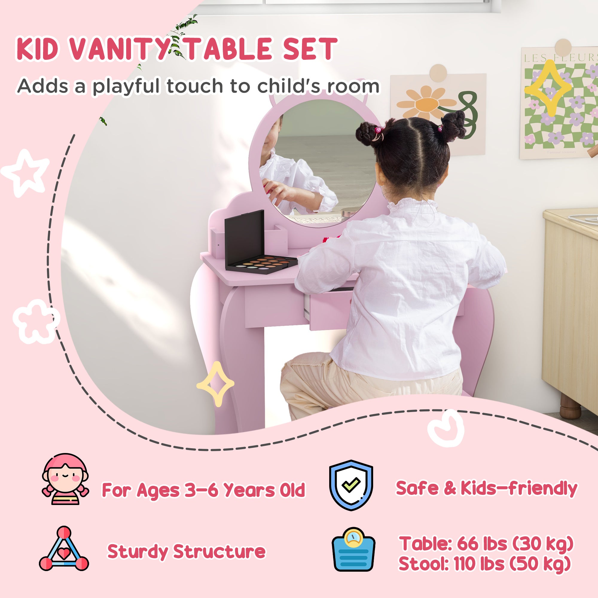 Qaba Makeup Vanity with Mirror and Stool, Cat Design, Drawer, Storage Boxes, for 3-6 Years Old, Pink-Toys & Games > Toddler & Kids Furniture > Kids Bedroom Furniture-DECOROLALA