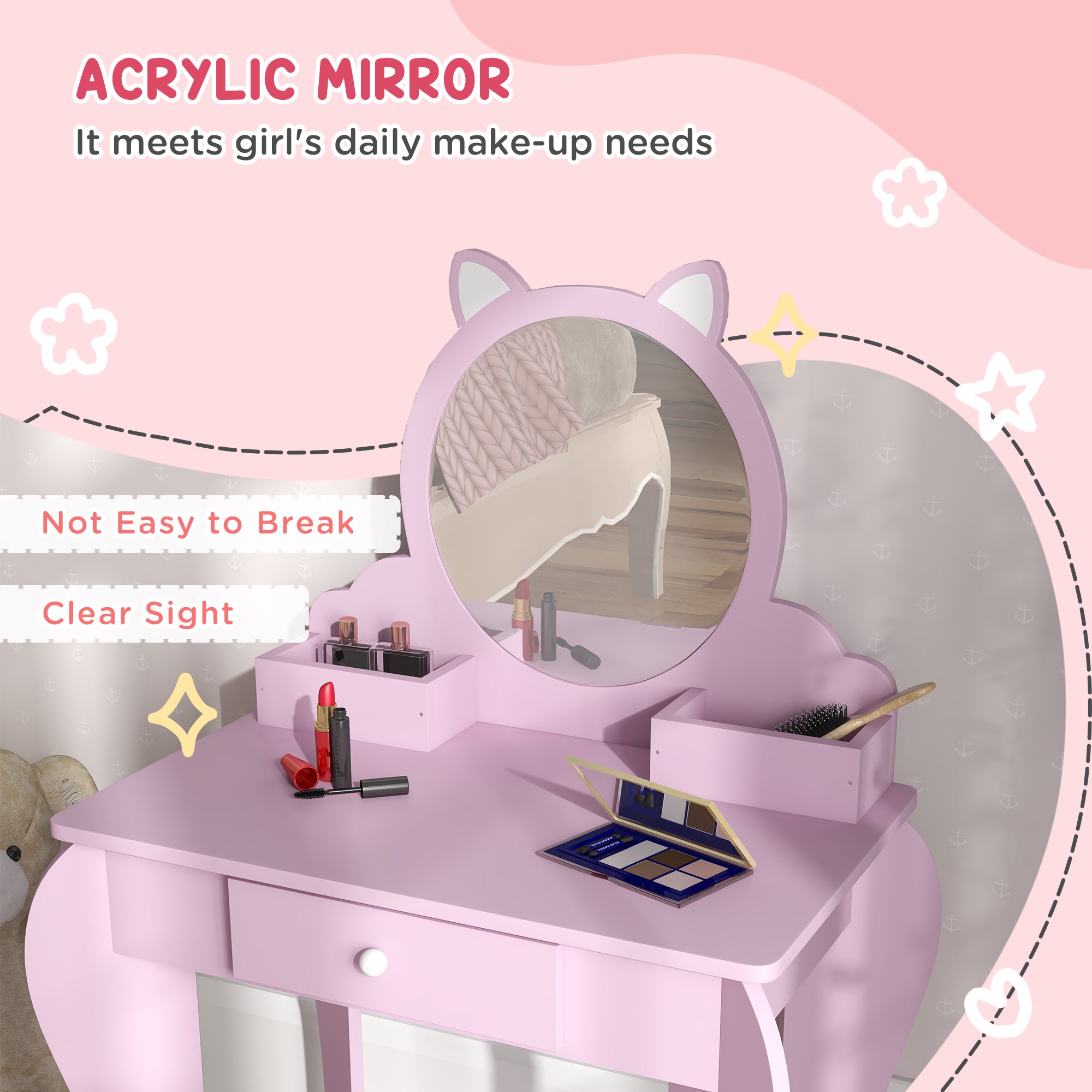 Qaba Makeup Vanity with Mirror and Stool, Cat Design, Drawer, Storage Boxes, for 3-6 Years Old, Pink-Toys & Games > Toddler & Kids Furniture > Kids Bedroom Furniture-DECOROLALA