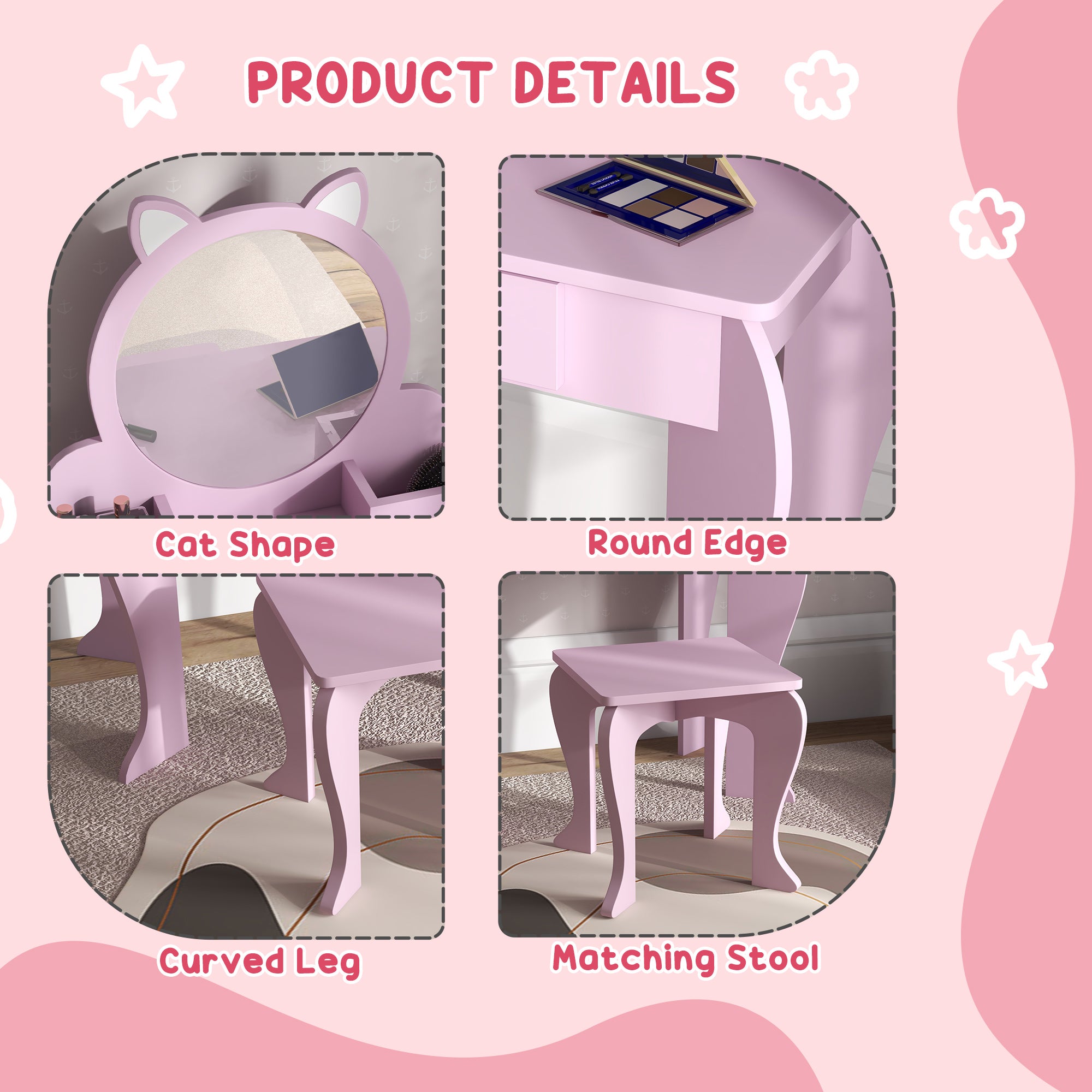 Qaba Makeup Vanity with Mirror and Stool, Cat Design, Drawer, Storage Boxes, for 3-6 Years Old, Pink-Toys & Games > Toddler & Kids Furniture > Kids Bedroom Furniture-DECOROLALA