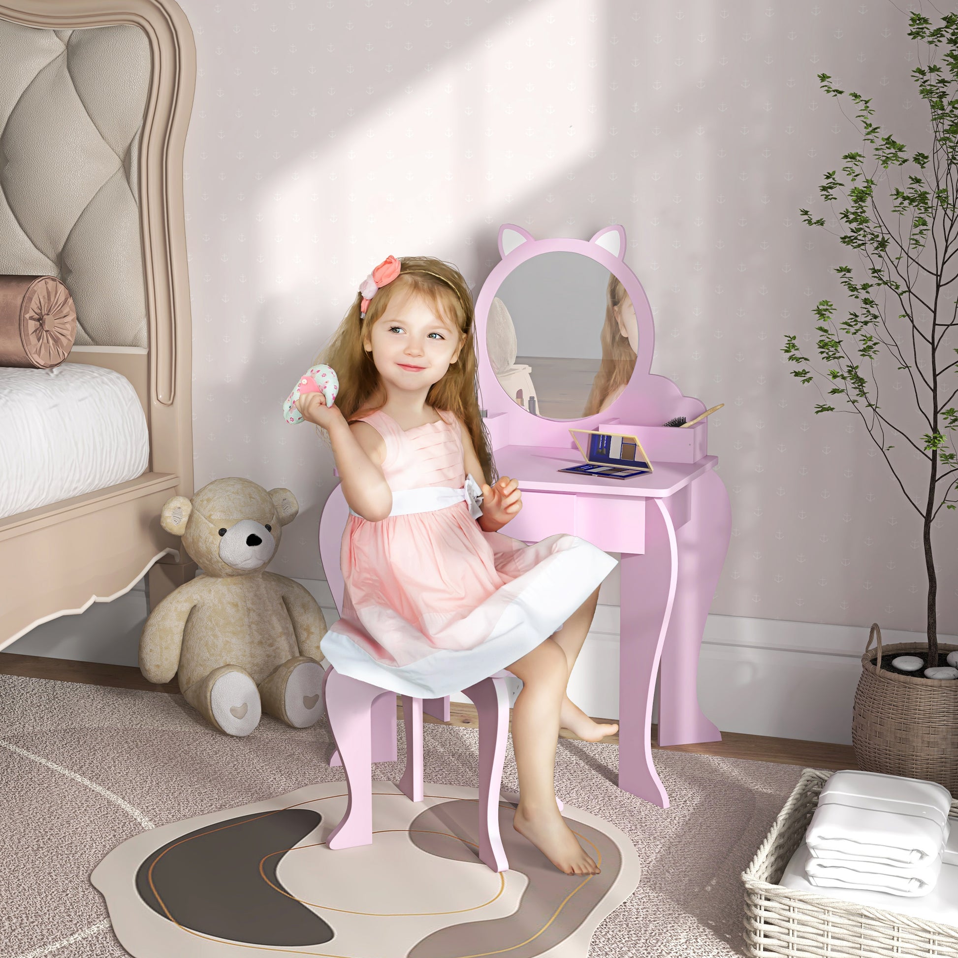 Qaba Makeup Vanity with Mirror and Stool, Cat Design, Drawer, Storage Boxes, for 3-6 Years Old, Pink-Toys & Games > Toddler & Kids Furniture > Kids Bedroom Furniture-DECOROLALA