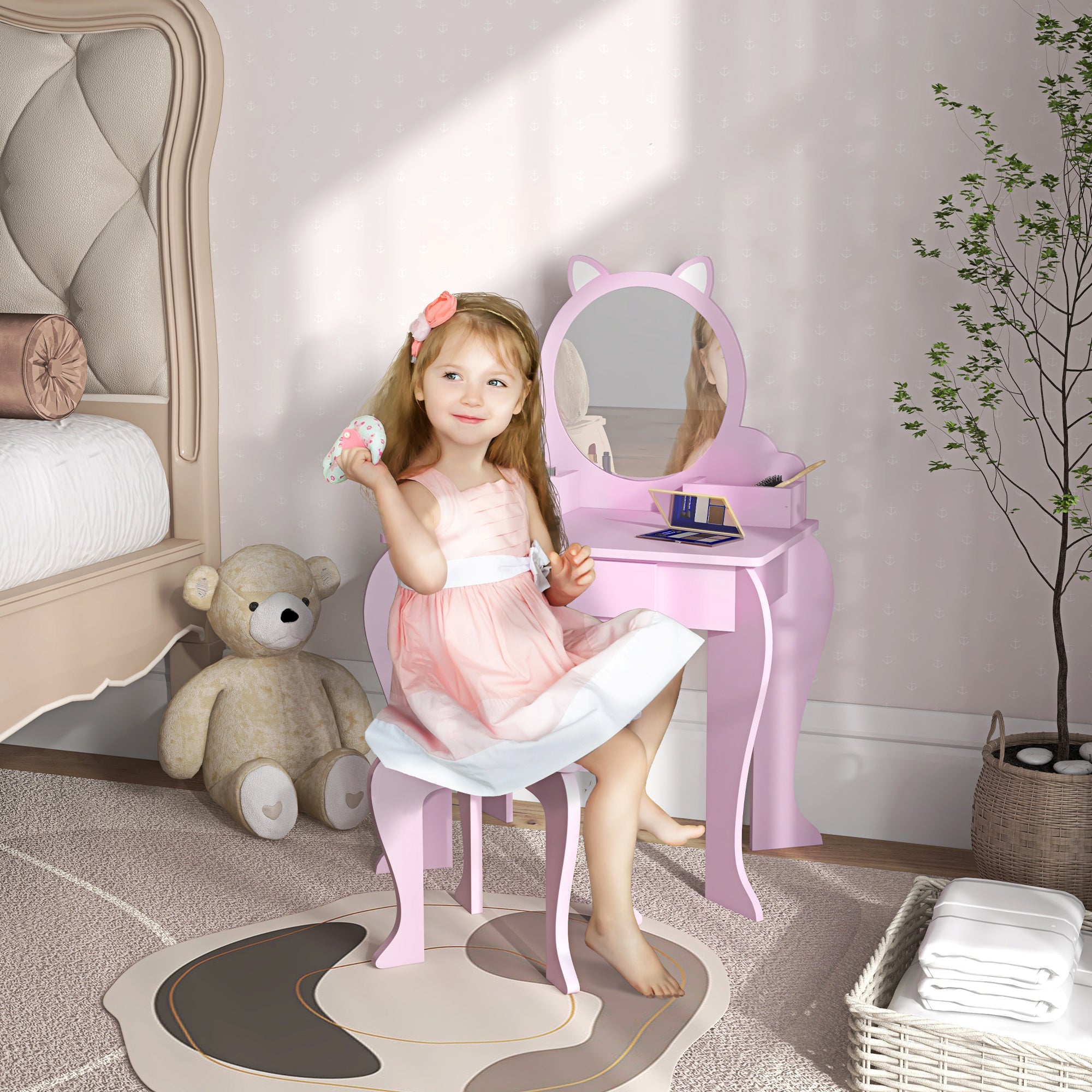 Qaba Makeup Vanity with Mirror and Stool, Cat Design, Drawer, Storage Boxes, for 3-6 Years Old, Pink-Toys & Games > Toddler & Kids Furniture > Kids Bedroom Furniture-DECOROLALA