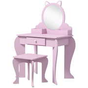 Qaba Makeup Vanity with Mirror and Stool, Cat Design, Drawer, Storage Boxes, for 3-6 Years Old, Pink-Toys & Games > Toddler & Kids Furniture > Kids Bedroom Furniture-DECOROLALA
