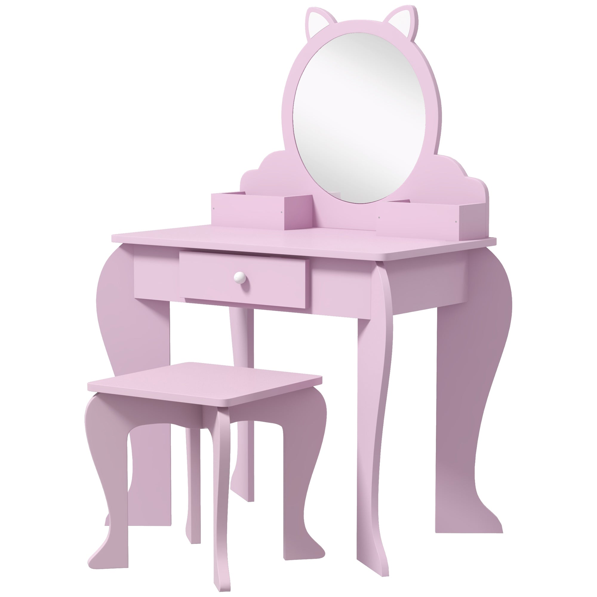 Qaba Makeup Vanity with Mirror and Stool, Cat Design, Drawer, Storage Boxes, for 3-6 Years Old, Pink-Toys & Games > Toddler & Kids Furniture > Kids Bedroom Furniture-DECOROLALA