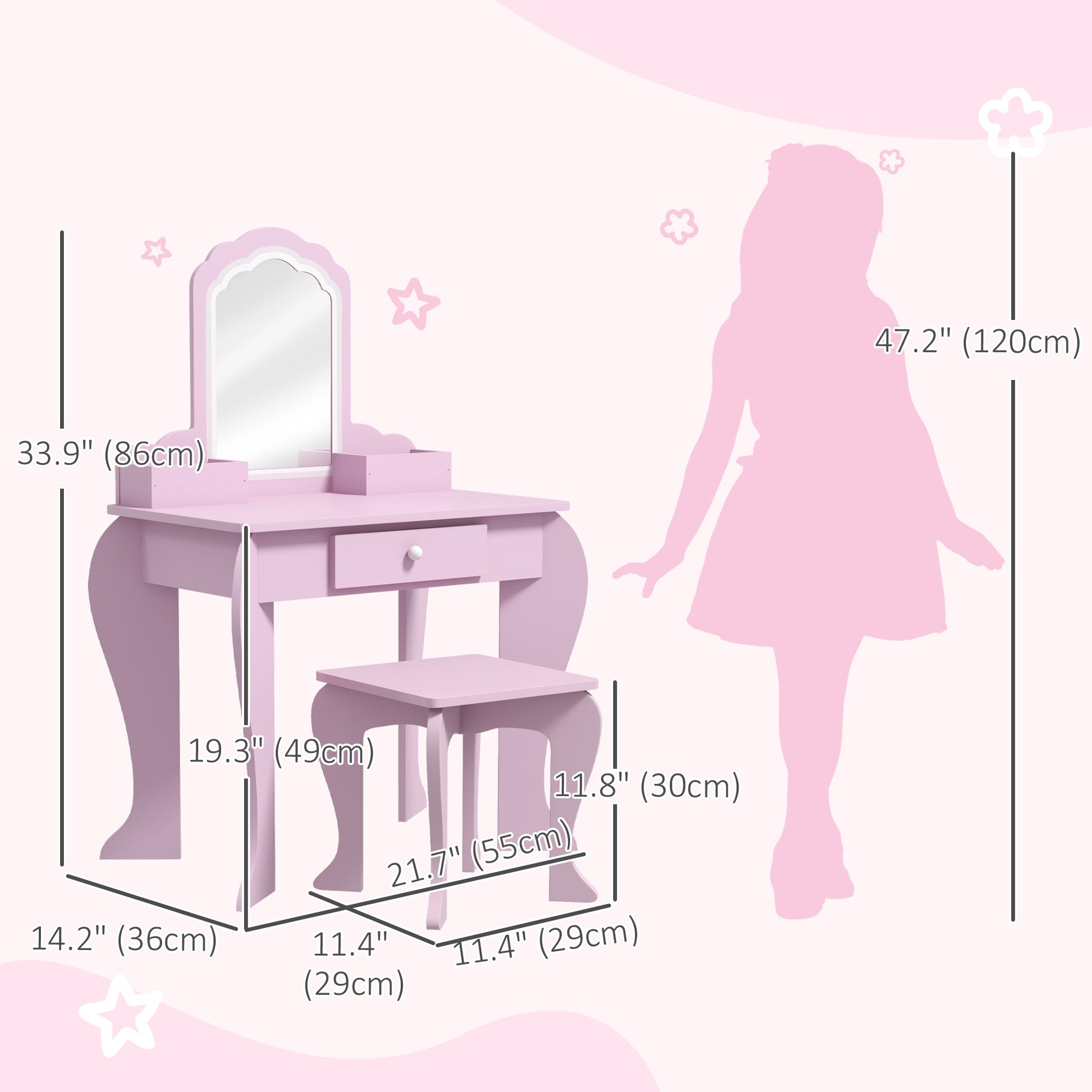 Qaba Makeup Vanity with Mirror and Stool, Cloud Design, Drawer, Storage Boxes, for 3-6 Years Old, Pink-Toys & Games > Toddler & Kids Furniture > Kids Bedroom Furniture-DECOROLALA