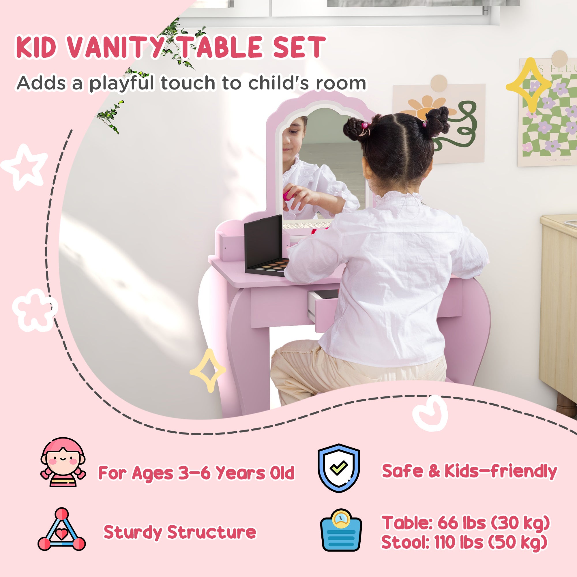Qaba Makeup Vanity with Mirror and Stool, Cloud Design, Drawer, Storage Boxes, for 3-6 Years Old, Pink-Toys & Games > Toddler & Kids Furniture > Kids Bedroom Furniture-DECOROLALA