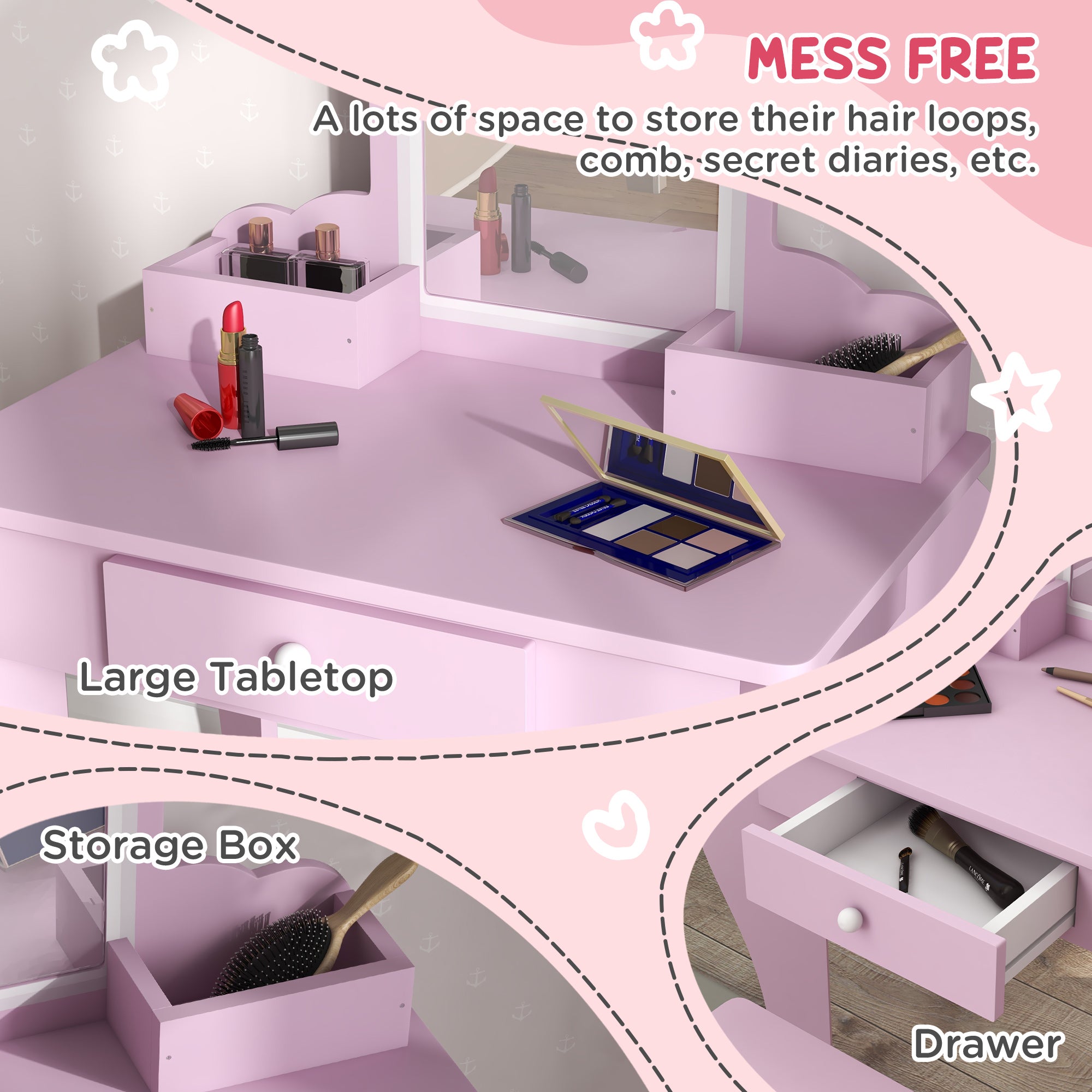 Qaba Makeup Vanity with Mirror and Stool, Cloud Design, Drawer, Storage Boxes, for 3-6 Years Old, Pink-Toys & Games > Toddler & Kids Furniture > Kids Bedroom Furniture-DECOROLALA
