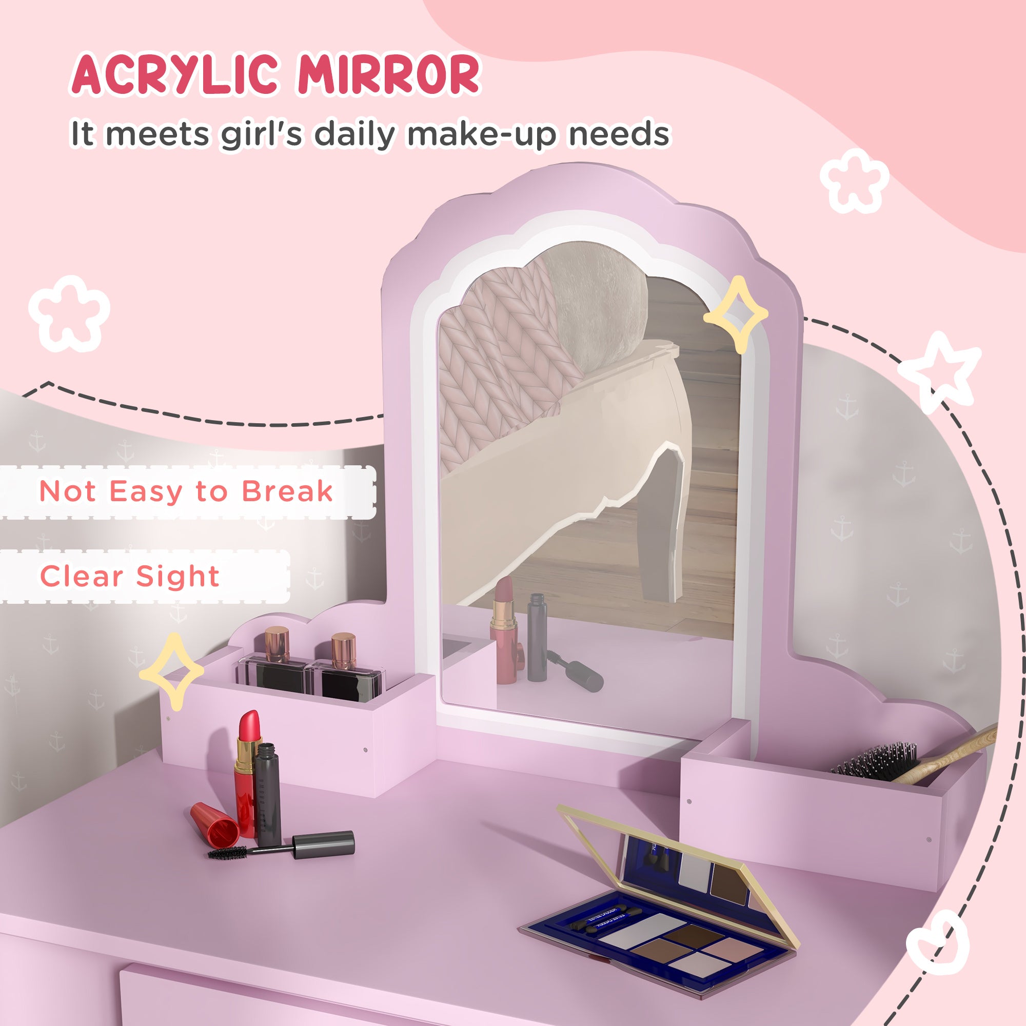 Qaba Makeup Vanity with Mirror and Stool, Cloud Design, Drawer, Storage Boxes, for 3-6 Years Old, Pink-Toys & Games > Toddler & Kids Furniture > Kids Bedroom Furniture-DECOROLALA