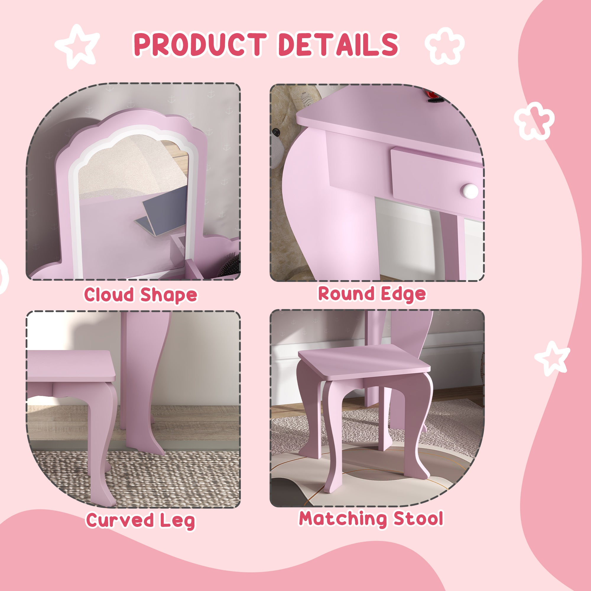 Qaba Makeup Vanity with Mirror and Stool, Cloud Design, Drawer, Storage Boxes, for 3-6 Years Old, Pink-Toys & Games > Toddler & Kids Furniture > Kids Bedroom Furniture-DECOROLALA