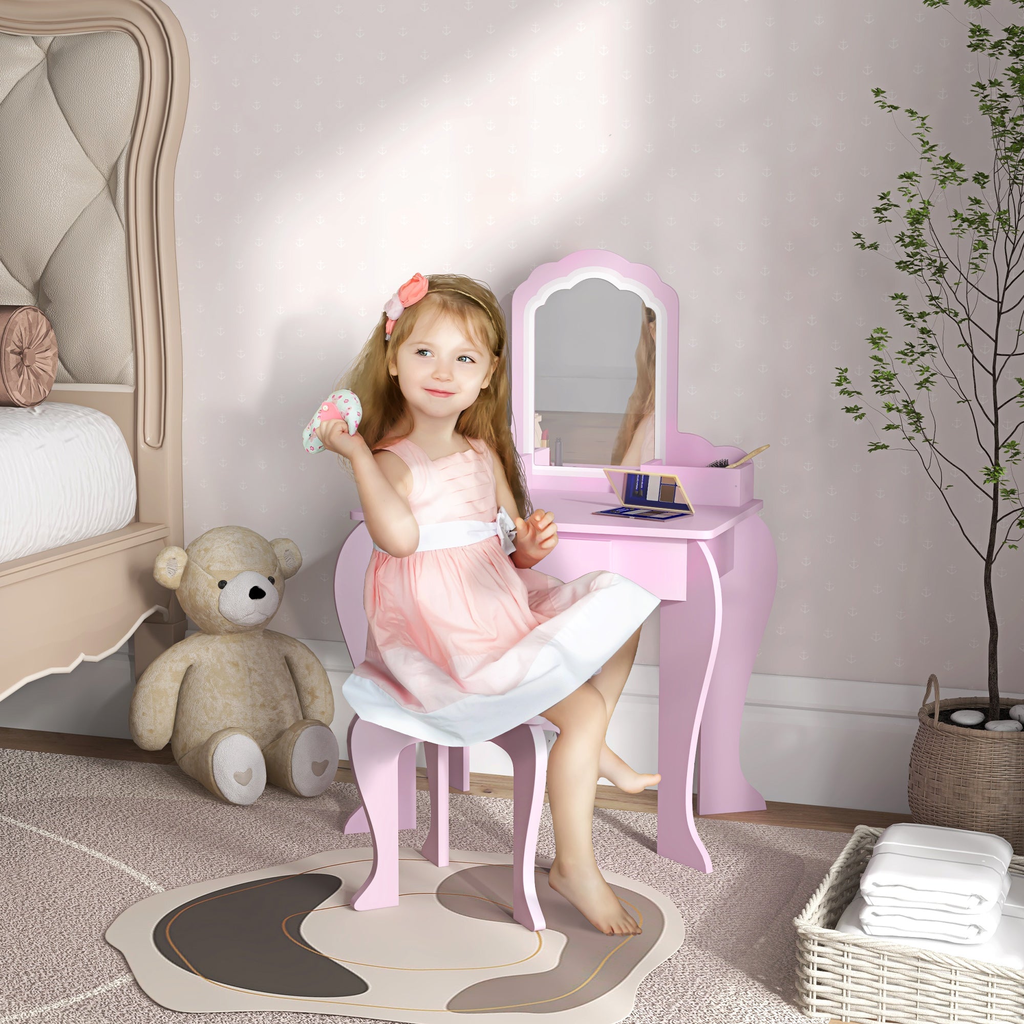 Qaba Makeup Vanity with Mirror and Stool, Cloud Design, Drawer, Storage Boxes, for 3-6 Years Old, Pink-Toys & Games > Toddler & Kids Furniture > Kids Bedroom Furniture-DECOROLALA