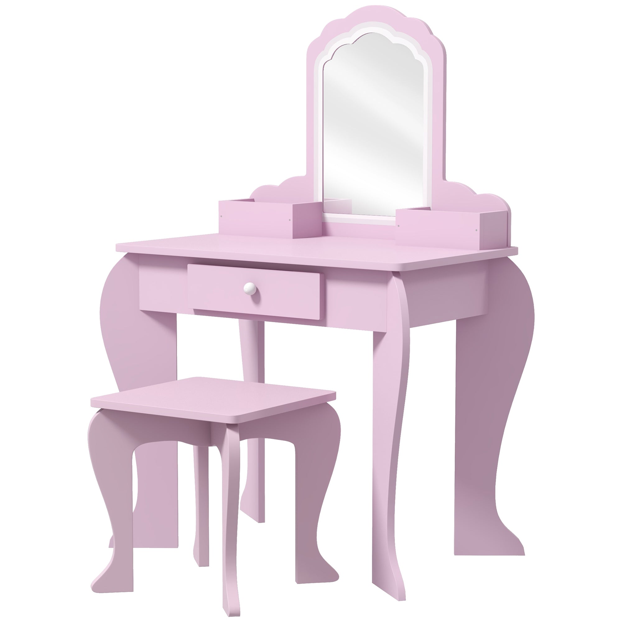 Qaba Makeup Vanity with Mirror and Stool, Cloud Design, Drawer, Storage Boxes, for 3-6 Years Old, Pink-Toys & Games > Toddler & Kids Furniture > Kids Bedroom Furniture-DECOROLALA