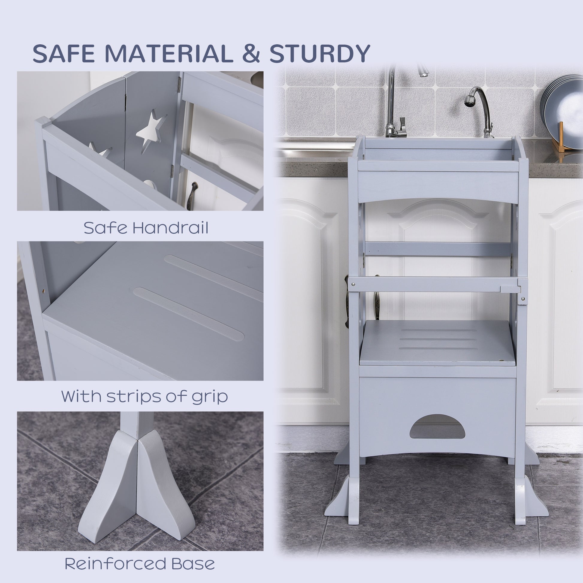 Qaba Step Stool with Safety Rail and Support Handles Kitchen Counter Step-up Helper-Toys & Games > Toddler & Kids Furniture > Toddler & Kids Step Stools-DECOROLALA