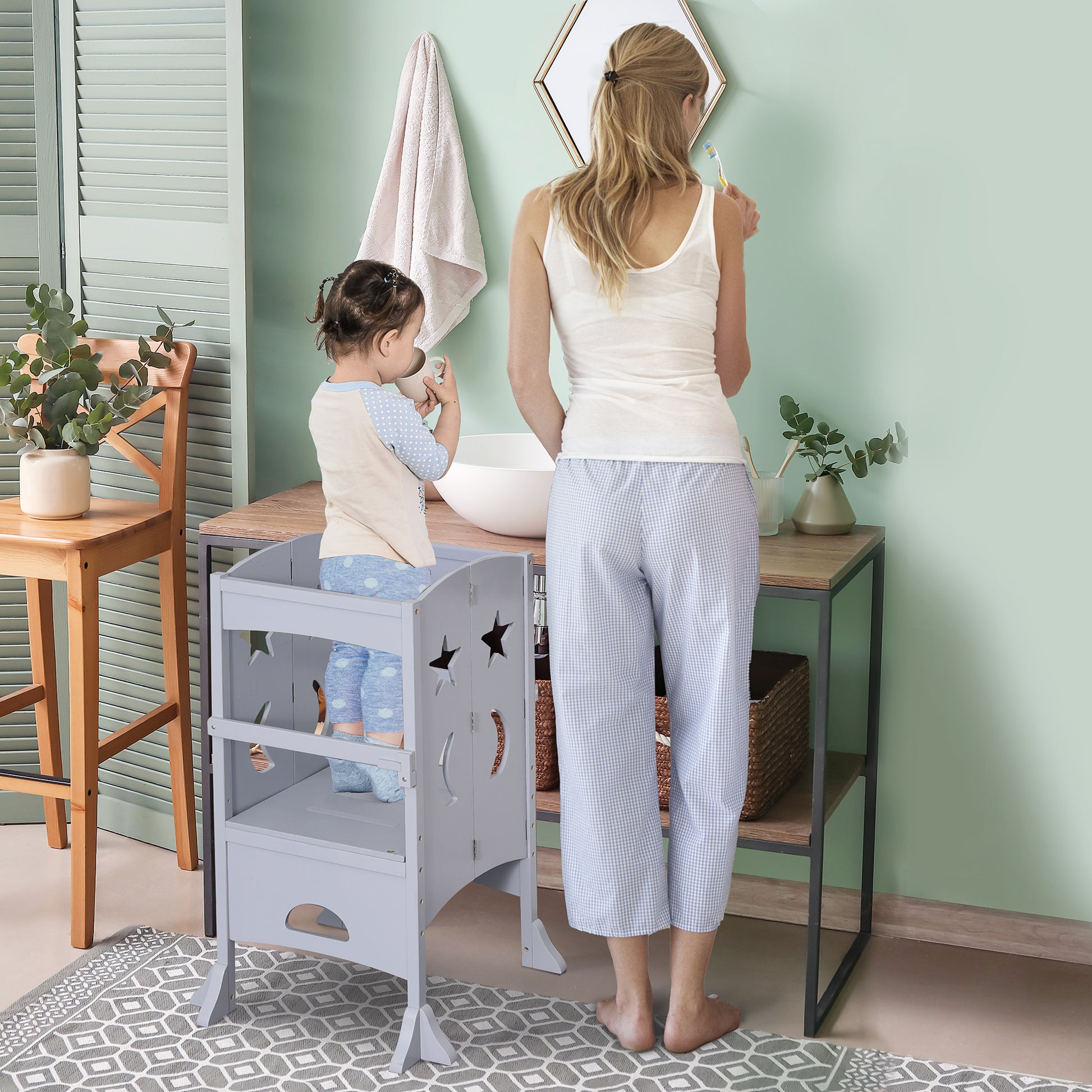 Qaba Step Stool with Safety Rail and Support Handles Kitchen Counter Step-up Helper-Toys & Games > Toddler & Kids Furniture > Toddler & Kids Step Stools-DECOROLALA