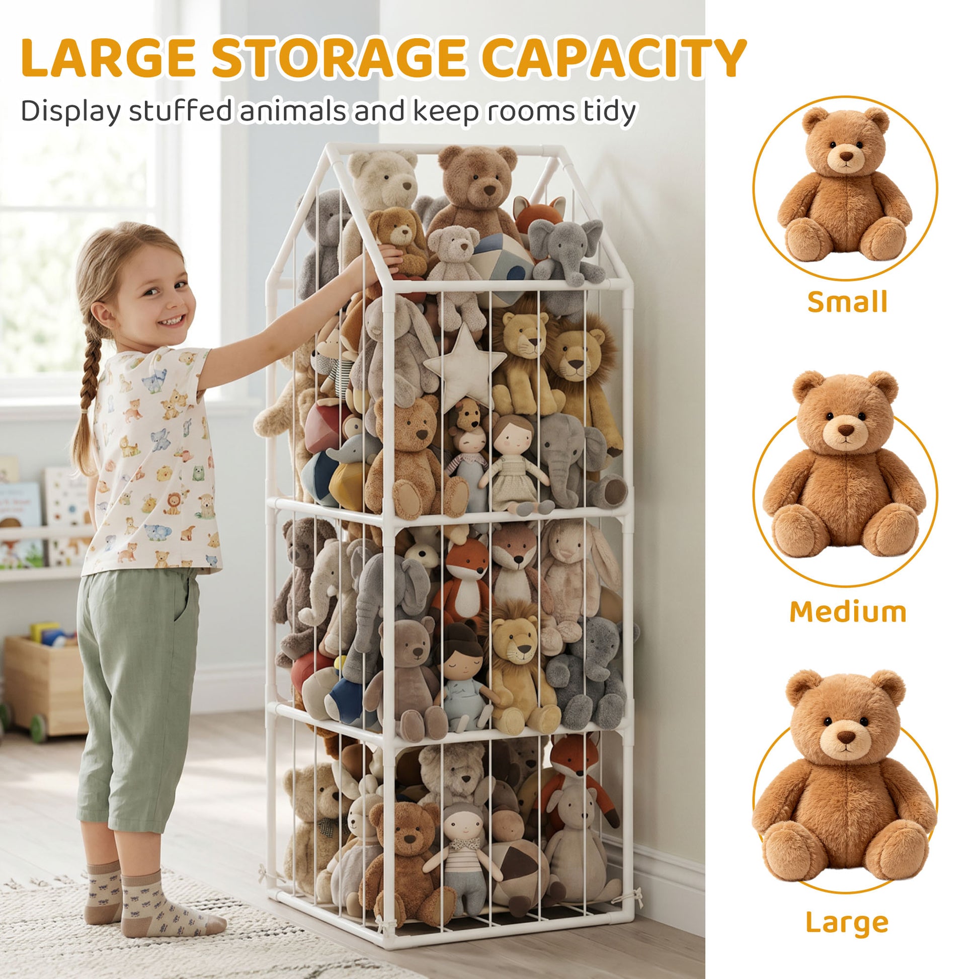 Qaba Stuffed Animal Storage Organizer, Teddy Toy Storage Organizer with Waterproof Bottom for Playroom, Nursery, 47x47x132cm-Toys & Games > Toddler & Kids Furniture > Baby & Kids Storage-DECOROLALA