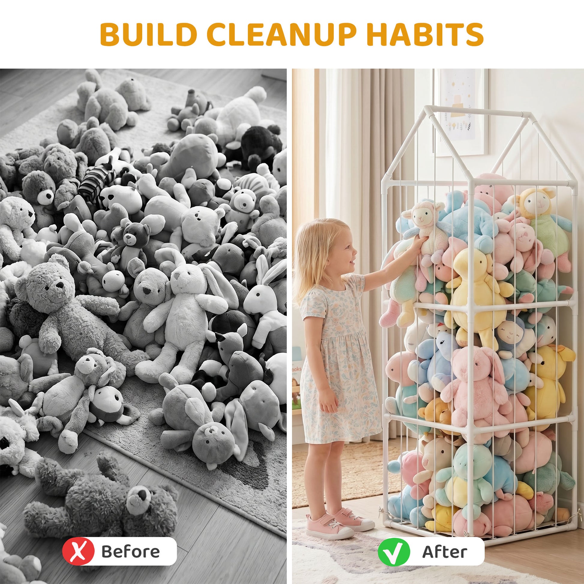 Qaba Stuffed Animal Storage Organizer, Teddy Toy Storage Organizer with Waterproof Bottom for Playroom, Nursery, 47x47x132cm-Toys & Games > Toddler & Kids Furniture > Baby & Kids Storage-DECOROLALA
