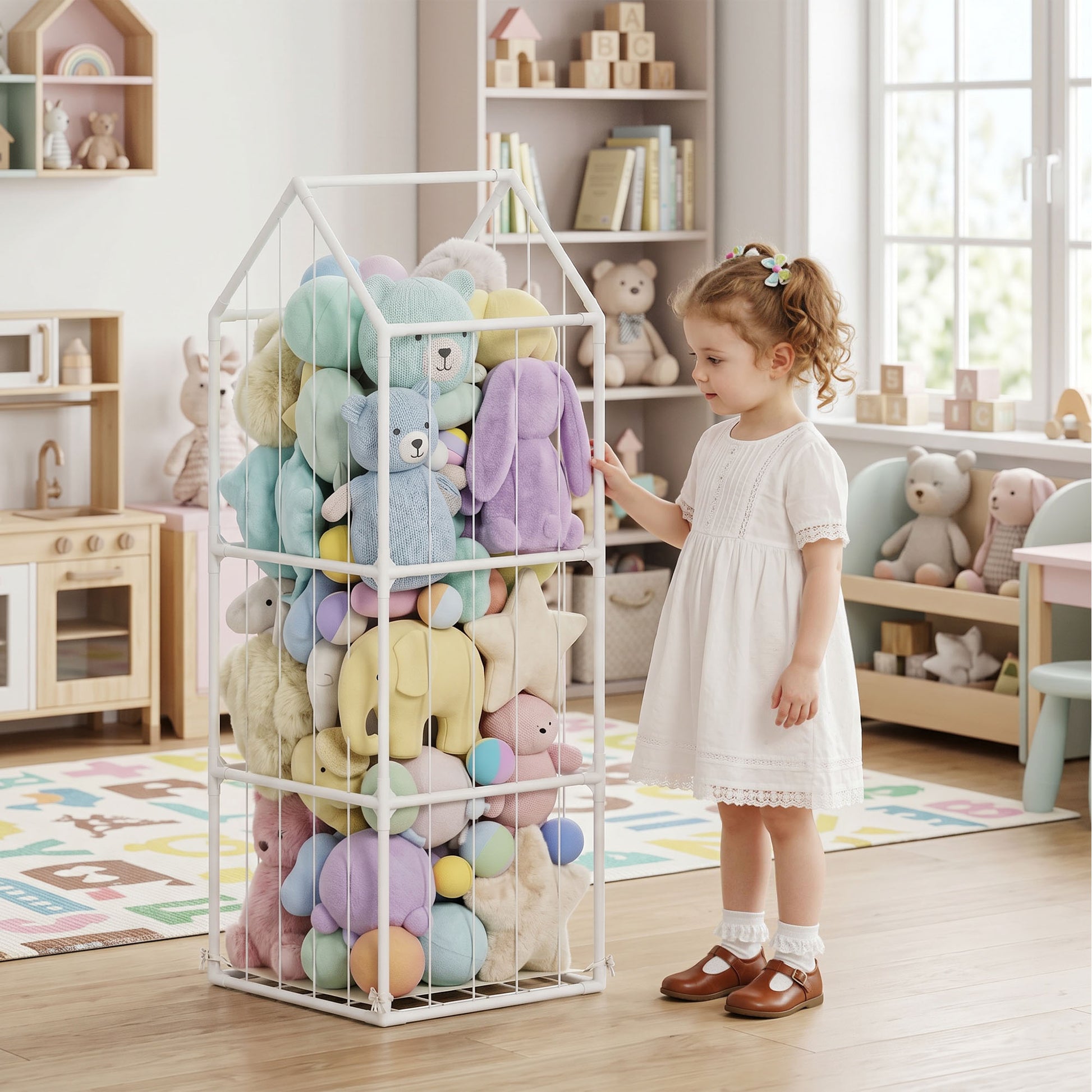 Qaba Stuffed Animal Storage Organizer, Teddy Toy Storage Organizer with Waterproof Bottom for Playroom, Nursery, 47x47x132cm-Toys & Games > Toddler & Kids Furniture > Baby & Kids Storage-DECOROLALA