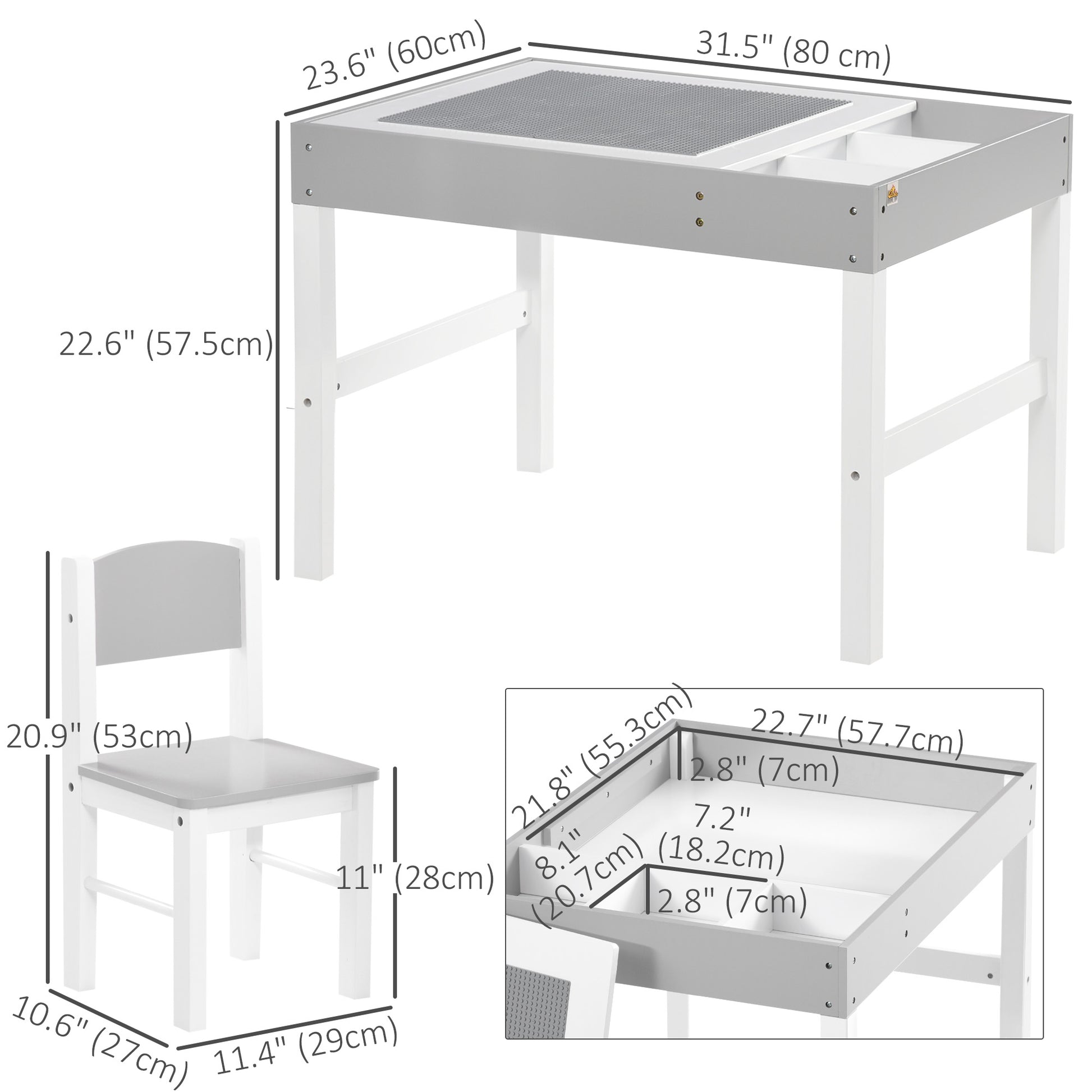 Qaba Table with Storage for Kids, Multi-Usage Kids Table and Chair Set with Building Blocks Desktop, Grey-Toys & Games > Toddler & Kids Furniture > Kids Table Sets-DECOROLALA