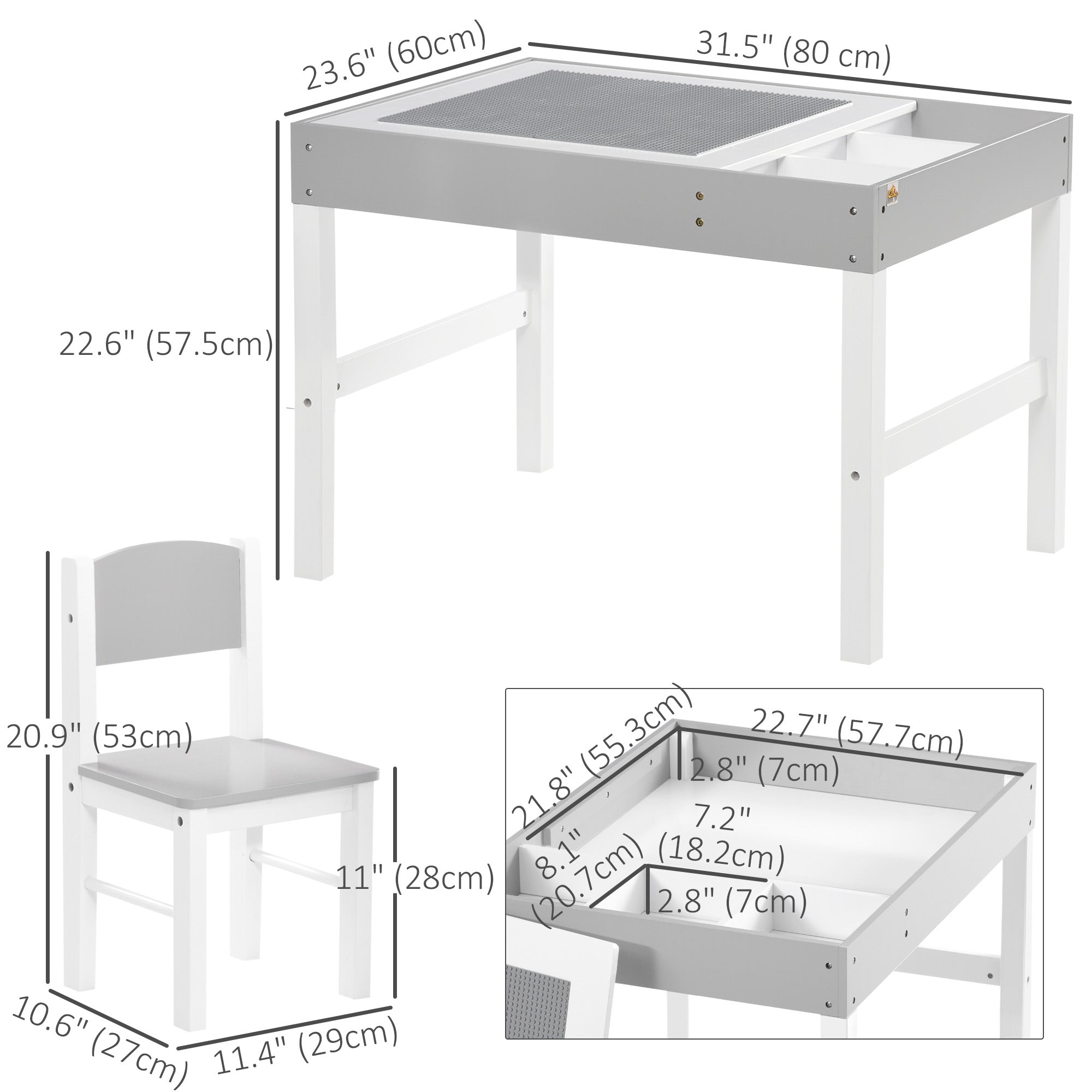 Qaba Table with Storage for Kids, Multi-Usage Kids Table and Chair Set with Building Blocks Desktop, Grey-Toys & Games > Toddler & Kids Furniture > Kids Table Sets-DECOROLALA