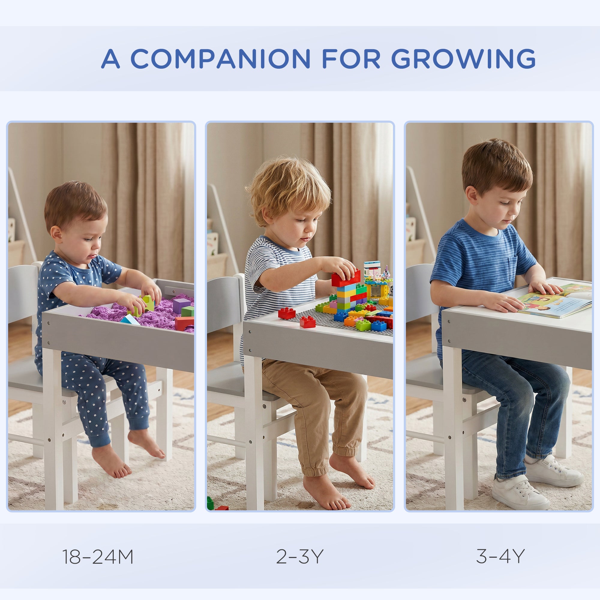 Qaba Table with Storage for Kids, Multi-Usage Kids Table and Chair Set with Building Blocks Desktop, Grey-Toys & Games > Toddler & Kids Furniture > Kids Table Sets-DECOROLALA