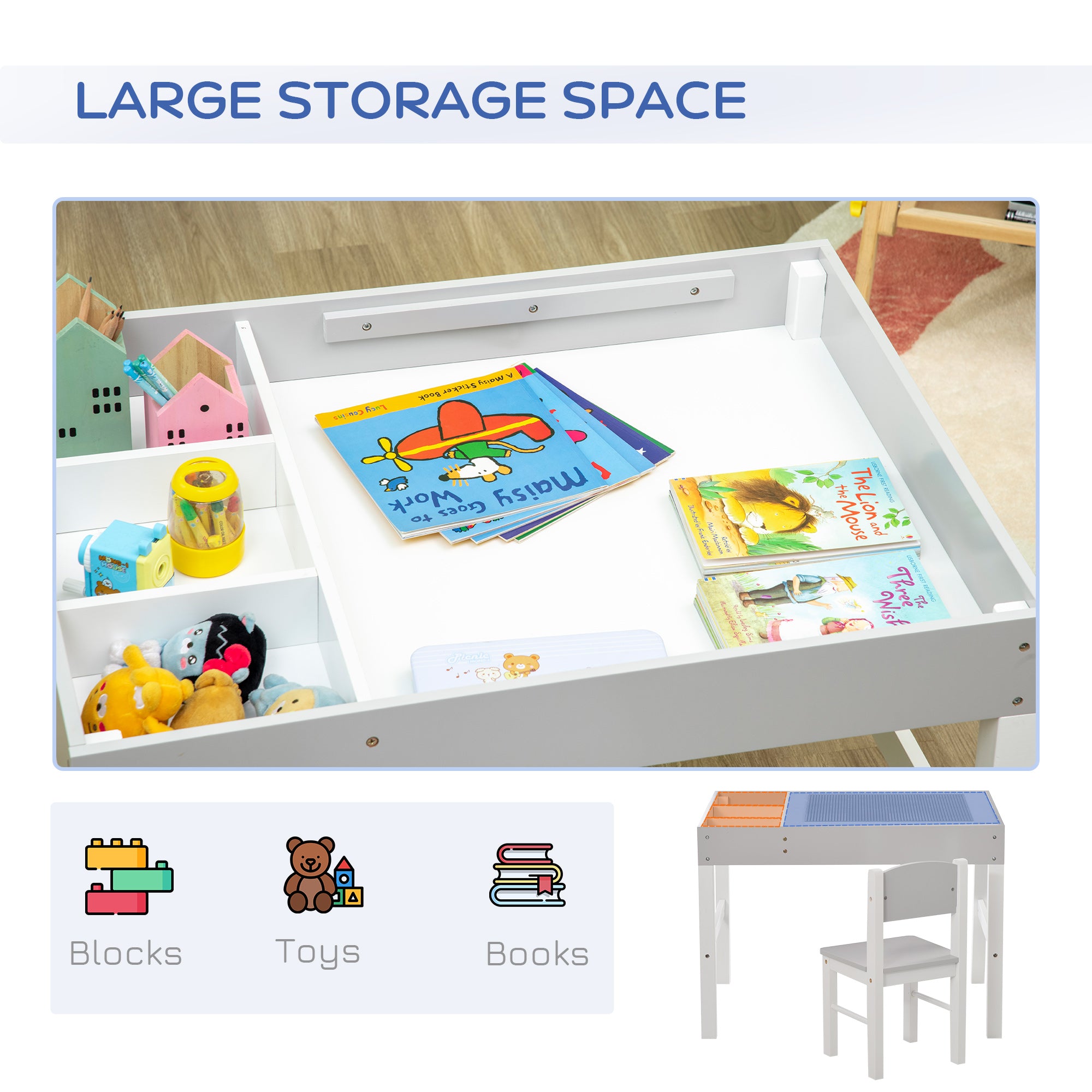 Qaba Table with Storage for Kids, Multi-Usage Kids Table and Chair Set with Building Blocks Desktop, Grey-Toys & Games > Toddler & Kids Furniture > Kids Table Sets-DECOROLALA