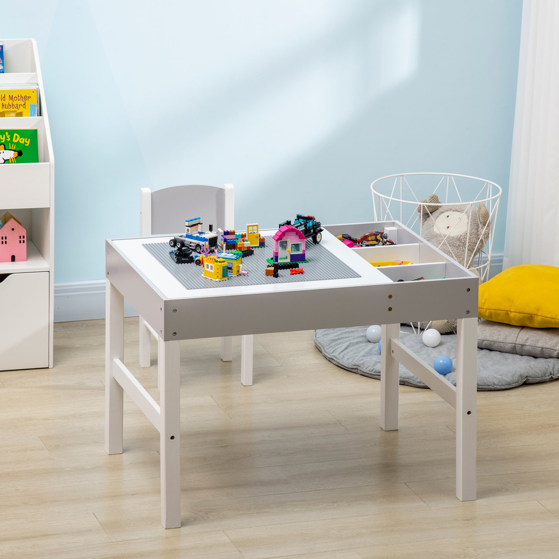 Qaba Table with Storage for Kids, Multi-Usage Kids Table and Chair Set with Building Blocks Desktop, Grey-Toys & Games > Toddler & Kids Furniture > Kids Table Sets-DECOROLALA