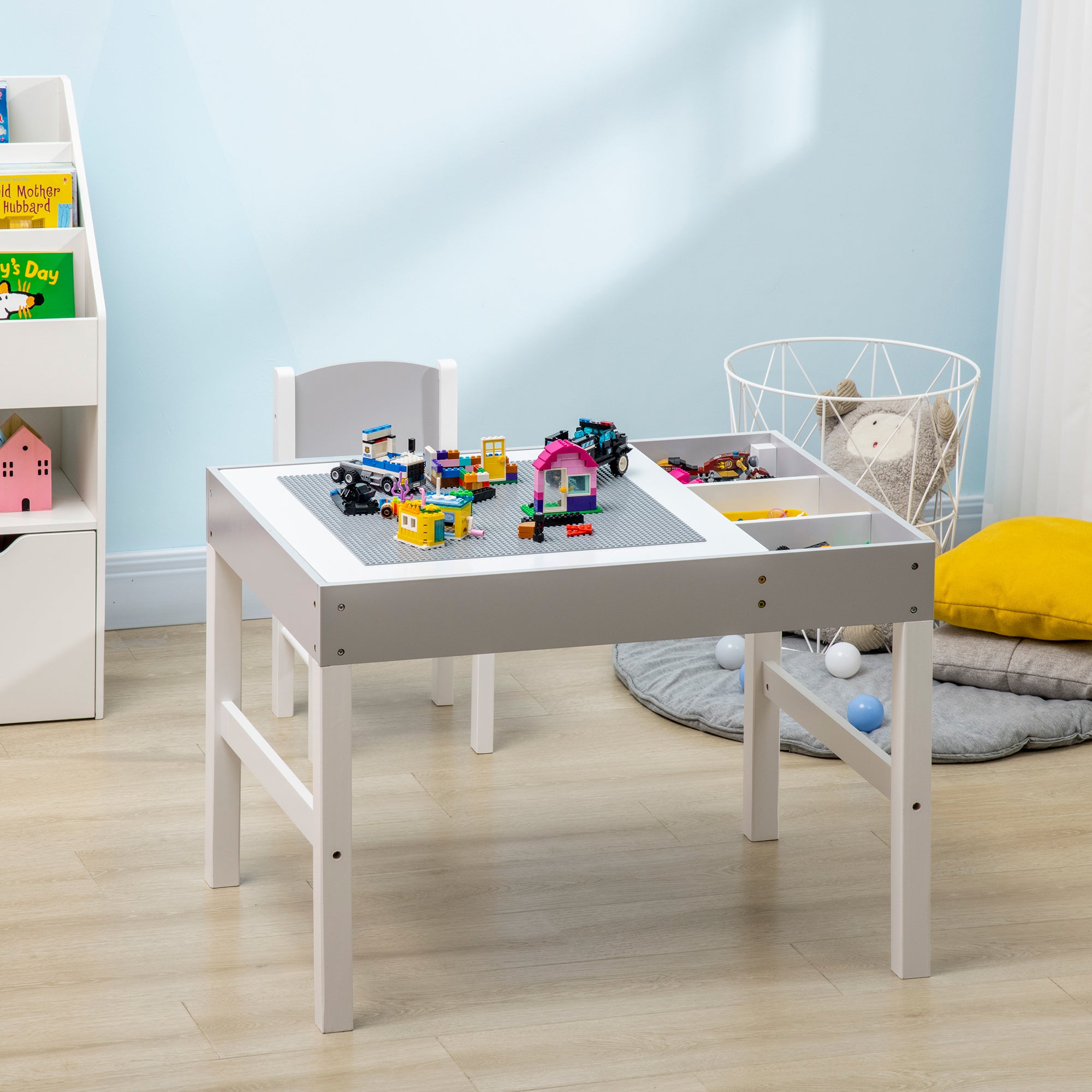 Qaba Table with Storage for Kids, Multi-Usage Kids Table and Chair Set with Building Blocks Desktop, Grey-Toys & Games > Toddler & Kids Furniture > Kids Table Sets-DECOROLALA