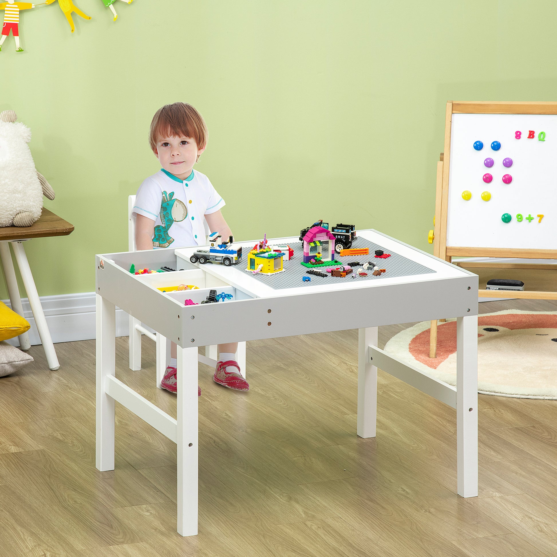 Qaba Table with Storage for Kids, Multi-Usage Kids Table and Chair Set with Building Blocks Desktop, Grey-Toys & Games > Toddler & Kids Furniture > Kids Table Sets-DECOROLALA