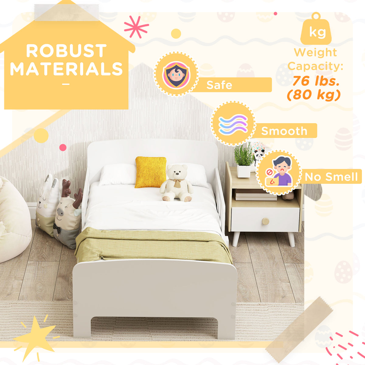 Qaba Toddler Bed Frame with Safety Guardrails - White MDF-Toys & Games > Toddler & Kids Furniture > Kids Bedroom Furniture-DECOROLALA