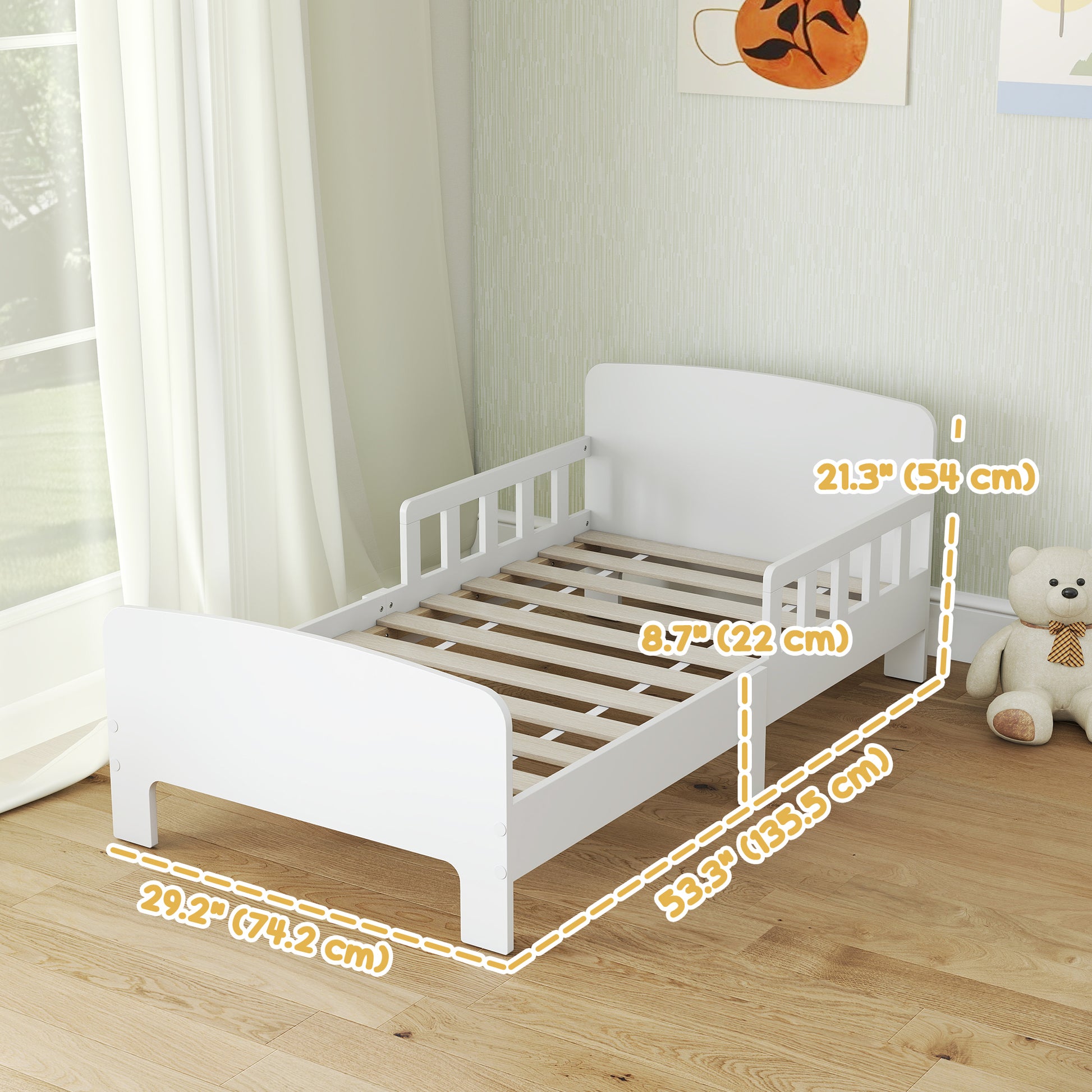 Qaba Toddler Bed Frame with Safety Side Rails for Girls and Boys, Bedroom Furniture, White-Toys & Games > Toddler & Kids Furniture > Kids Bedroom Furniture-DECOROLALA