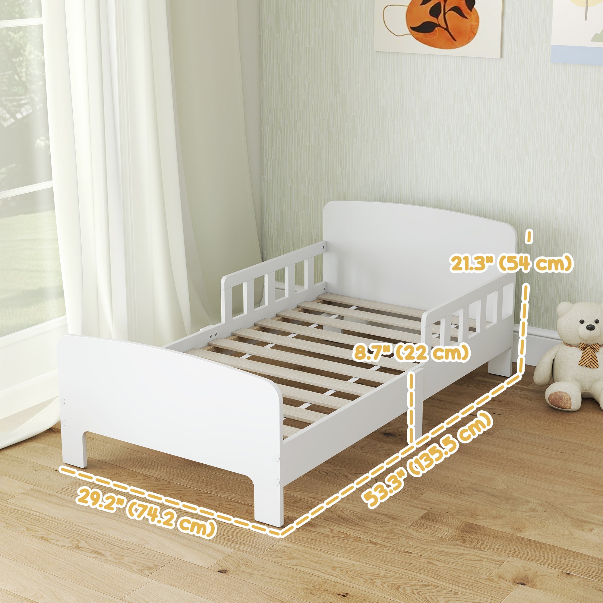 Qaba Toddler Bed Frame with Safety Side Rails for Girls and Boys, Bedroom Furniture, White-Toys & Games > Toddler & Kids Furniture > Kids Bedroom Furniture-DECOROLALA