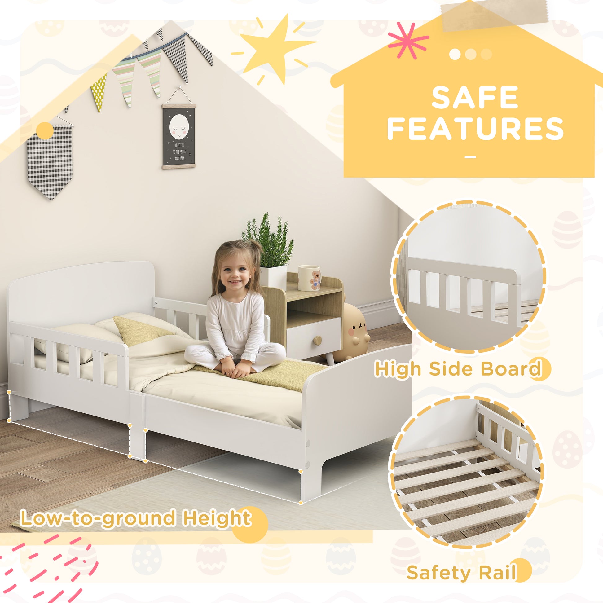 Qaba Toddler Bed Frame with Safety Side Rails for Girls and Boys, Bedroom Furniture, White-Toys & Games > Toddler & Kids Furniture > Kids Bedroom Furniture-DECOROLALA