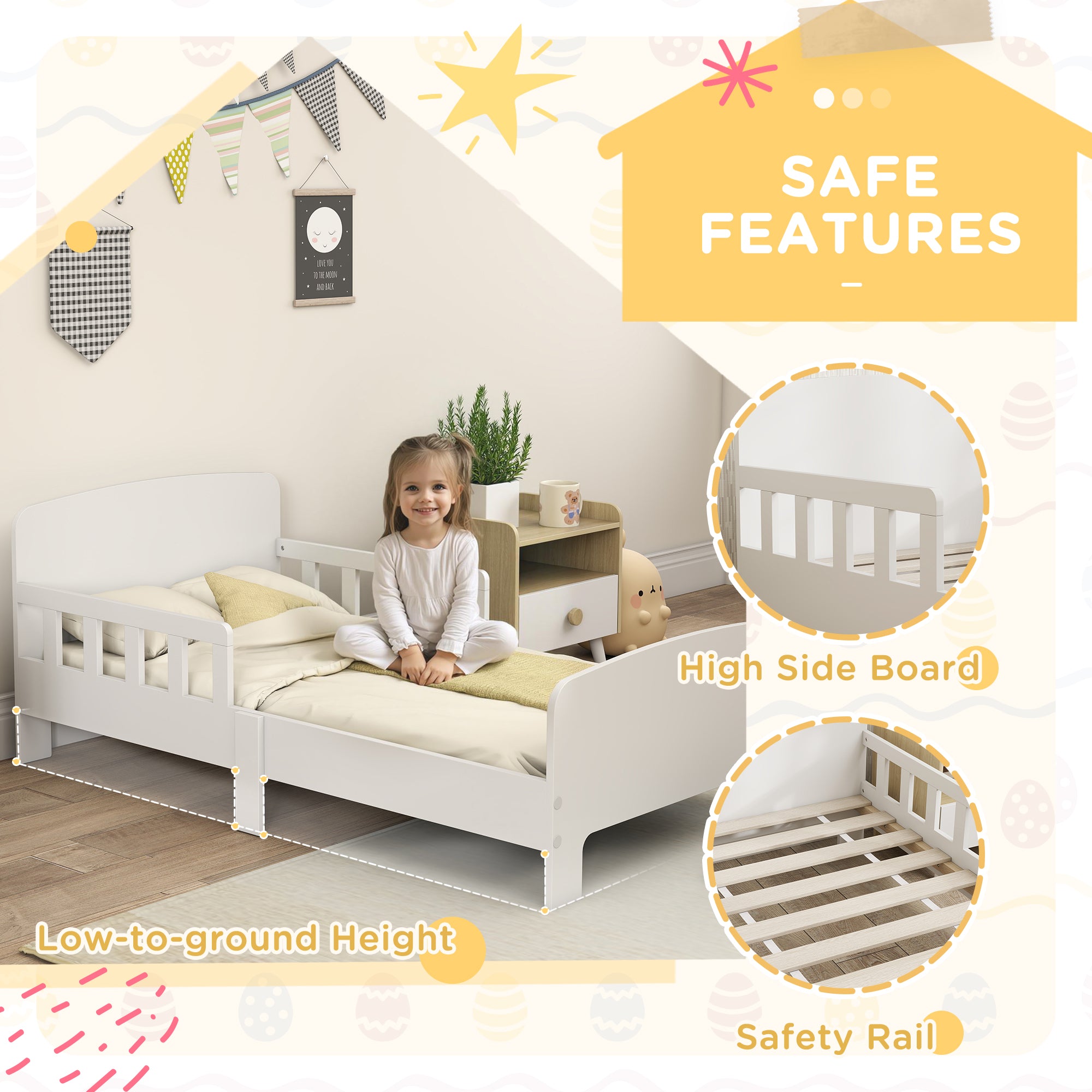 Qaba Toddler Bed Frame with Safety Side Rails for Girls and Boys, Bedroom Furniture, White-Toys & Games > Toddler & Kids Furniture > Kids Bedroom Furniture-DECOROLALA