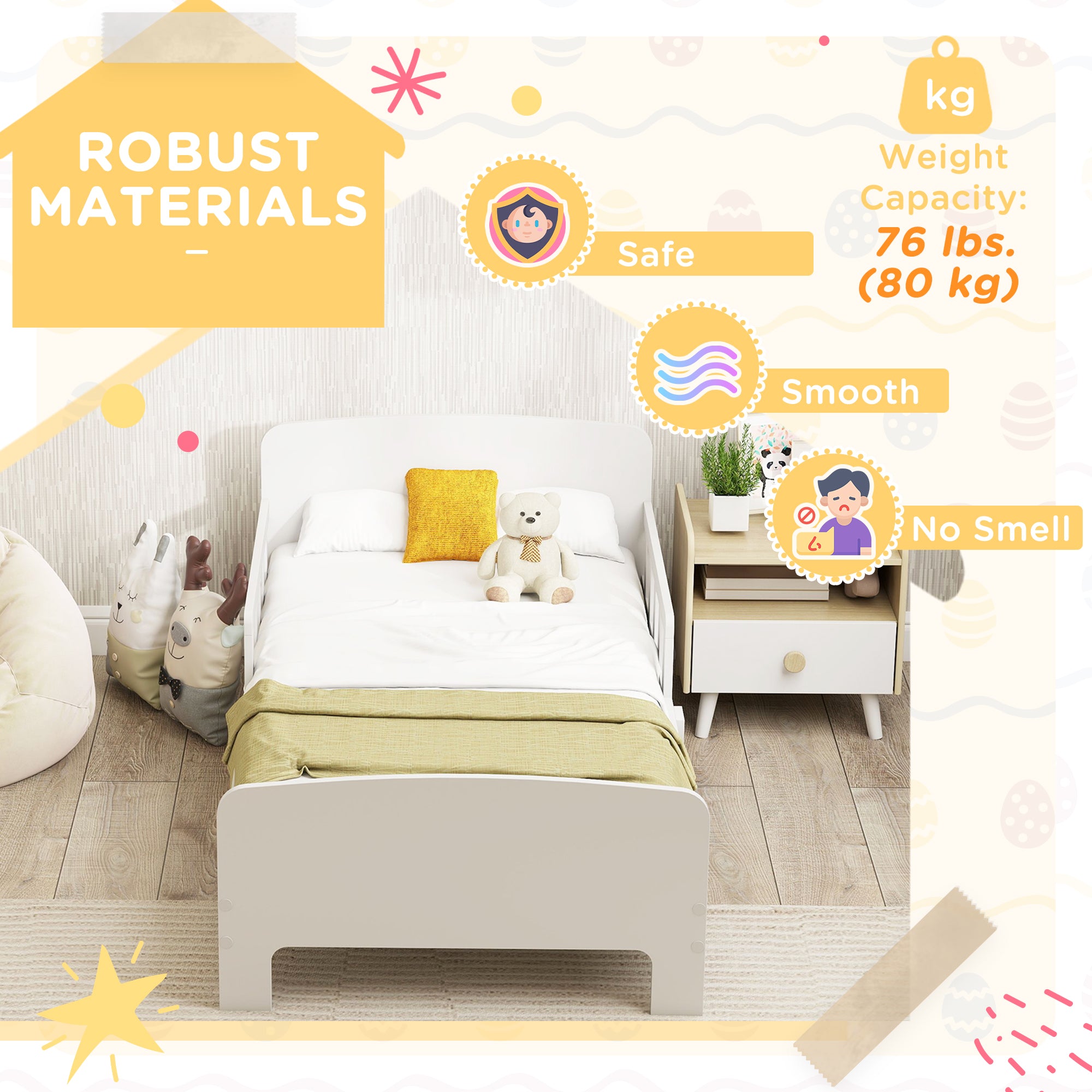 Qaba Toddler Bed Frame with Safety Side Rails for Girls and Boys, Bedroom Furniture, White-Toys & Games > Toddler & Kids Furniture > Kids Bedroom Furniture-DECOROLALA