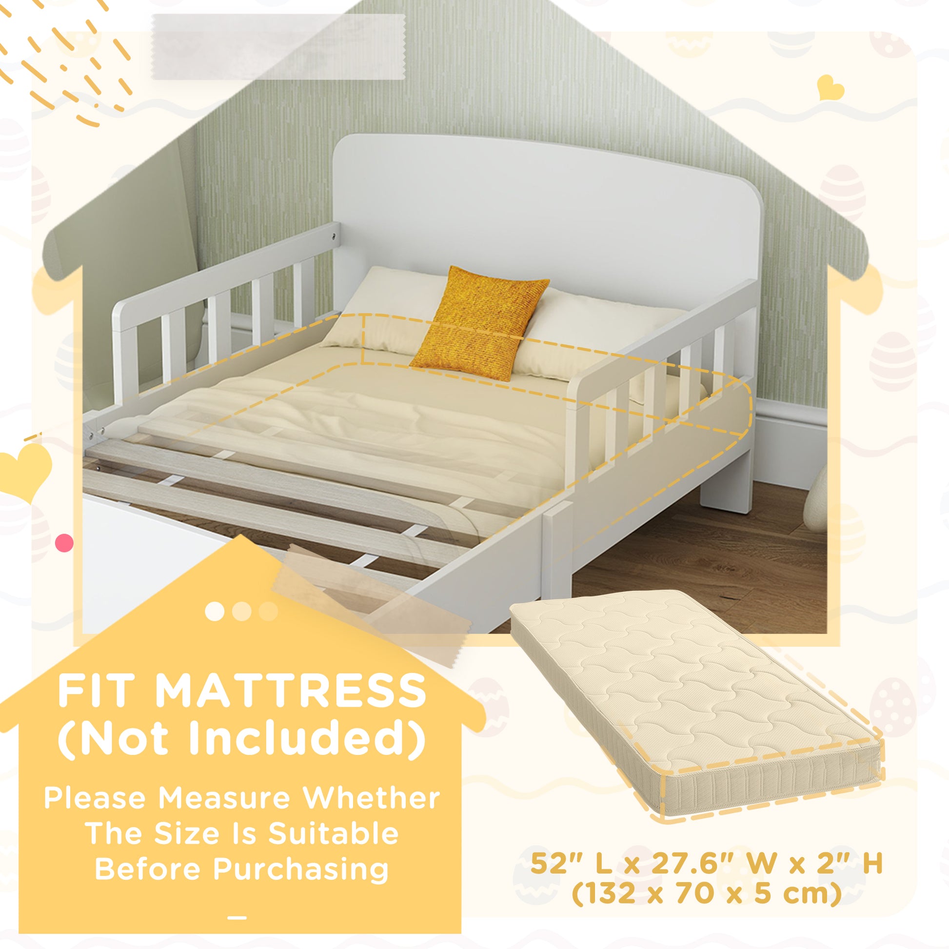 Qaba Toddler Bed Frame with Safety Side Rails for Girls and Boys, Bedroom Furniture, White-Toys & Games > Toddler & Kids Furniture > Kids Bedroom Furniture-DECOROLALA