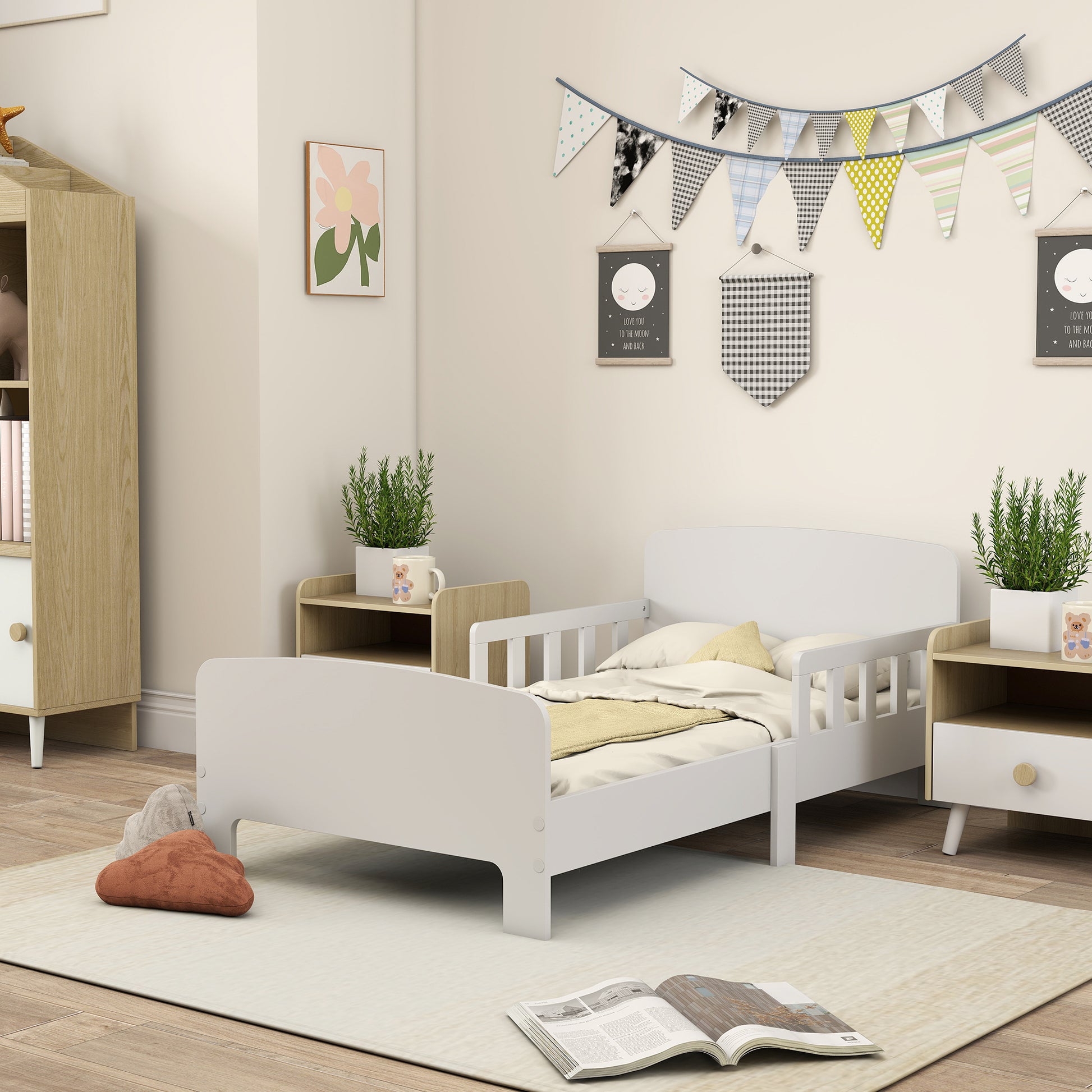 Qaba Toddler Bed Frame with Safety Side Rails for Girls and Boys, Bedroom Furniture, White-Toys & Games > Toddler & Kids Furniture > Kids Bedroom Furniture-DECOROLALA