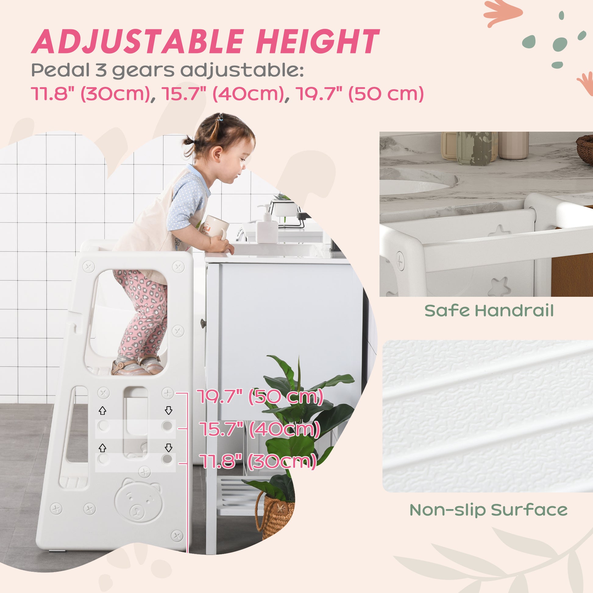 Qaba Toddler Kitchen Helper 2 Step Stool with Adjustable Height Platform and Safety Rail, White-Toys & Games > Toddler & Kids Furniture > Toddler & Kids Step Stools-DECOROLALA