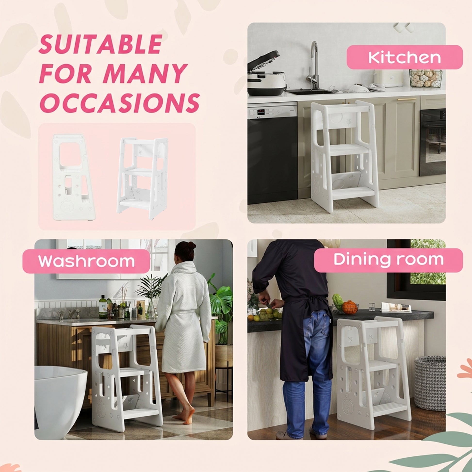 Qaba Toddler Kitchen Helper 2 Step Stool with Adjustable Height Platform and Safety Rail, White-Toys & Games > Toddler & Kids Furniture > Toddler & Kids Step Stools-DECOROLALA