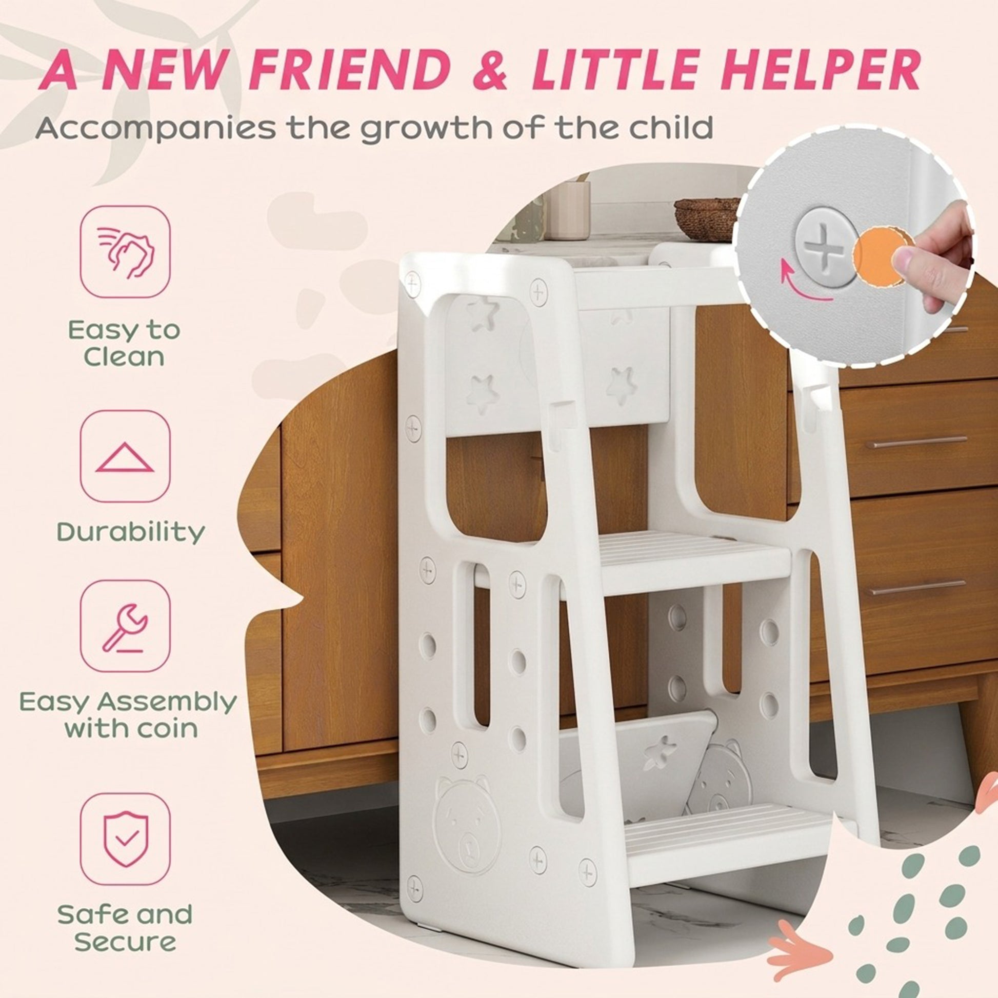 Qaba Toddler Kitchen Helper 2 Step Stool with Adjustable Height Platform and Safety Rail, White-Toys & Games > Toddler & Kids Furniture > Toddler & Kids Step Stools-DECOROLALA