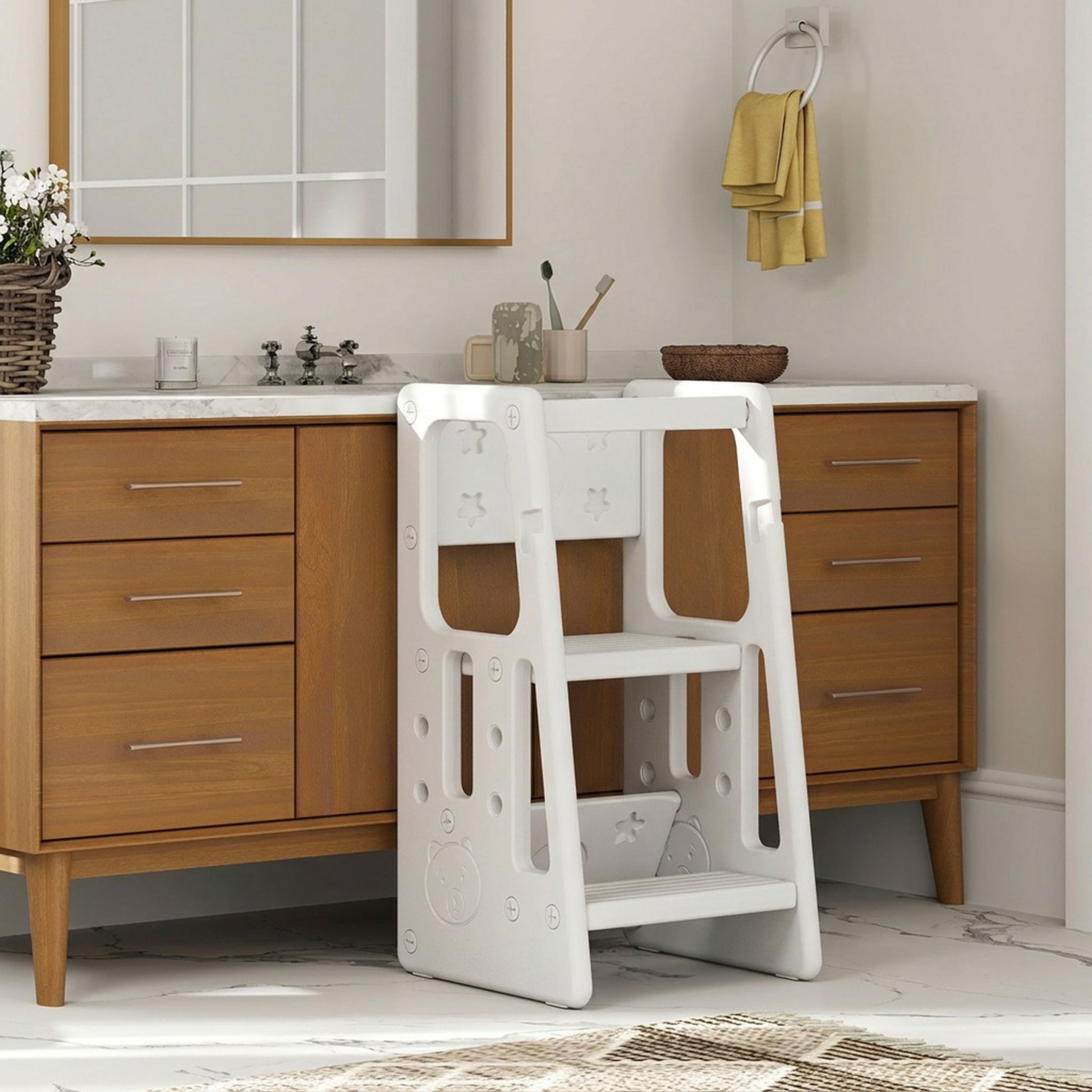Qaba Toddler Kitchen Helper 2 Step Stool with Adjustable Height Platform and Safety Rail, White-Toys & Games > Toddler & Kids Furniture > Toddler & Kids Step Stools-DECOROLALA