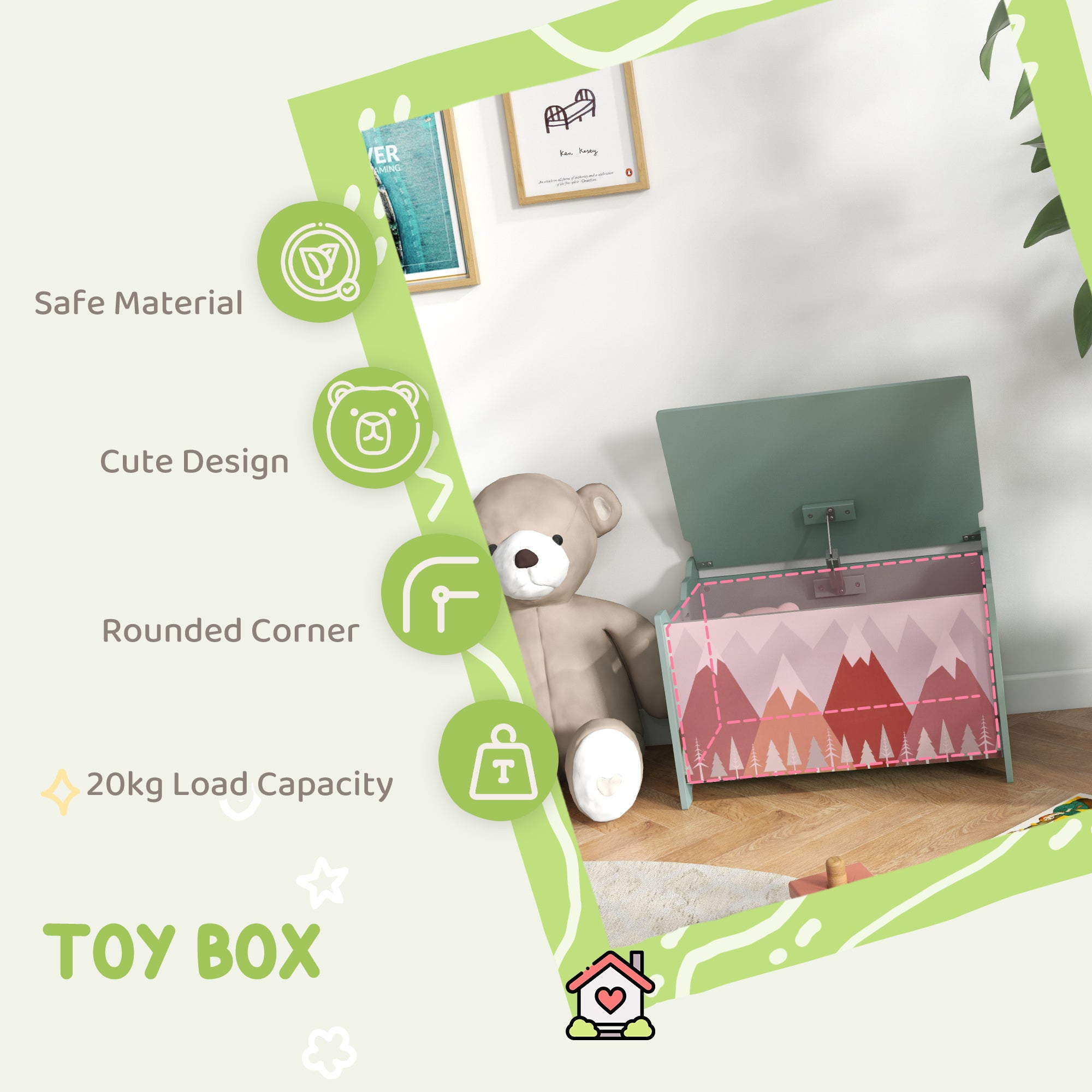 Qaba Toy Box, Kids Storage Chest with Lid, Safety Hinges and Groove Handles, Toy Storage Organizer with Mountain Pattern for Boys, Girls, Green-Toys & Games > Toddler & Kids Furniture > Baby & Kids Storage-DECOROLALA