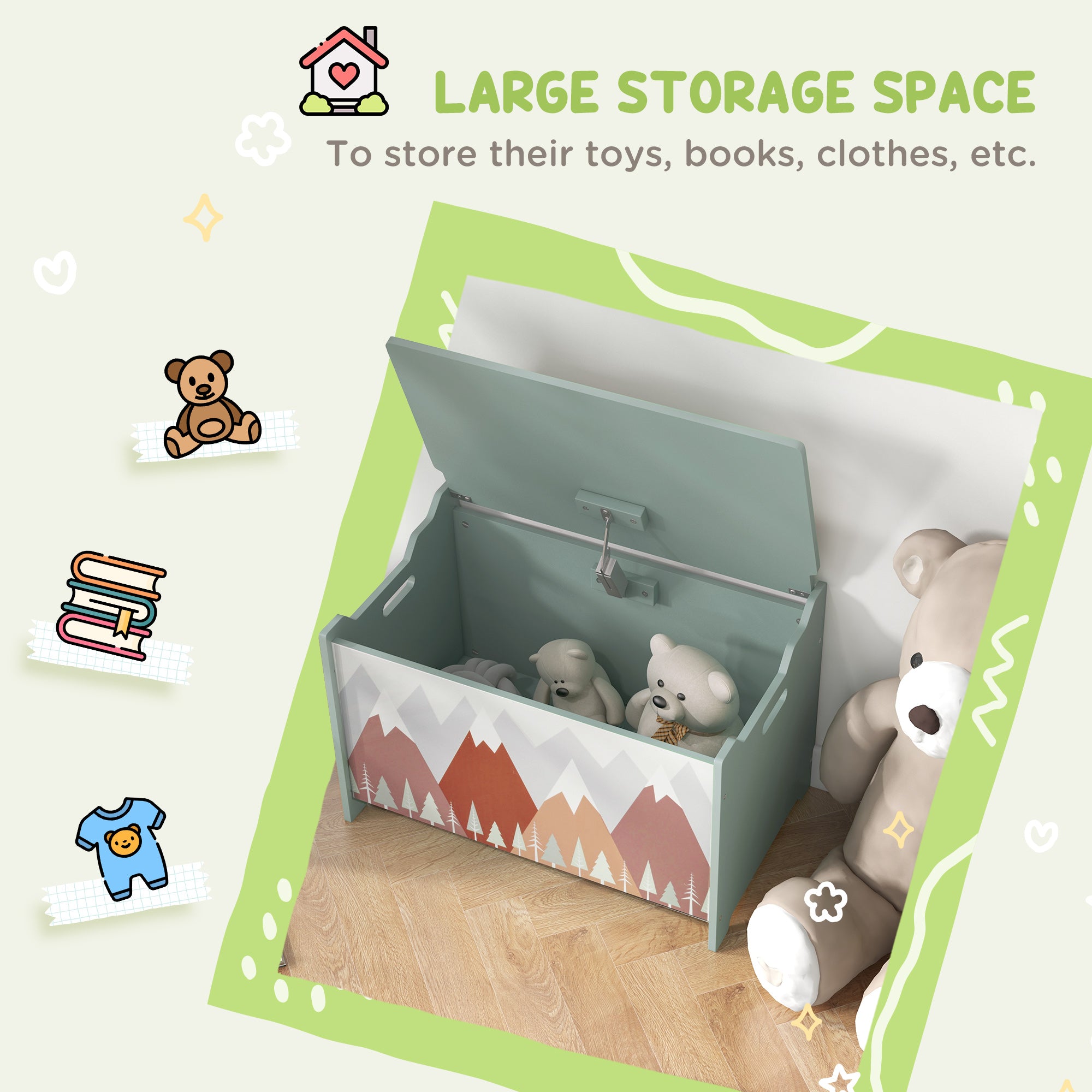 Qaba Toy Box, Kids Storage Chest with Lid, Safety Hinges and Groove Handles, Toy Storage Organizer with Mountain Pattern for Boys, Girls, Green-Toys & Games > Toddler & Kids Furniture > Baby & Kids Storage-DECOROLALA