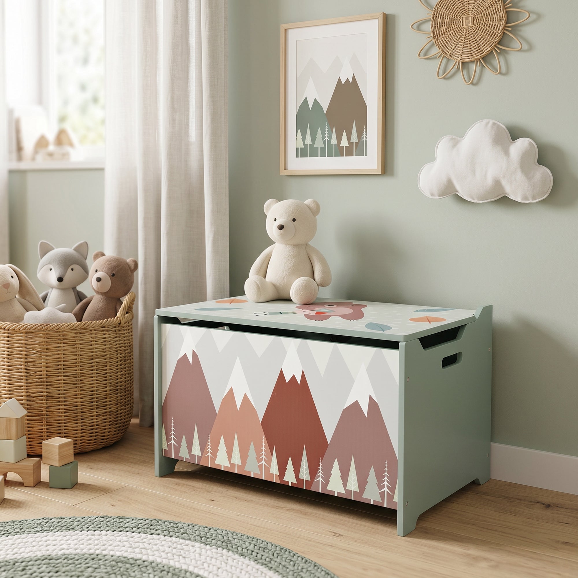 Qaba Toy Box, Kids Storage Chest with Lid, Safety Hinges and Groove Handles, Toy Storage Organizer with Mountain Pattern for Boys, Girls, Green-Toys & Games > Toddler & Kids Furniture > Baby & Kids Storage-DECOROLALA