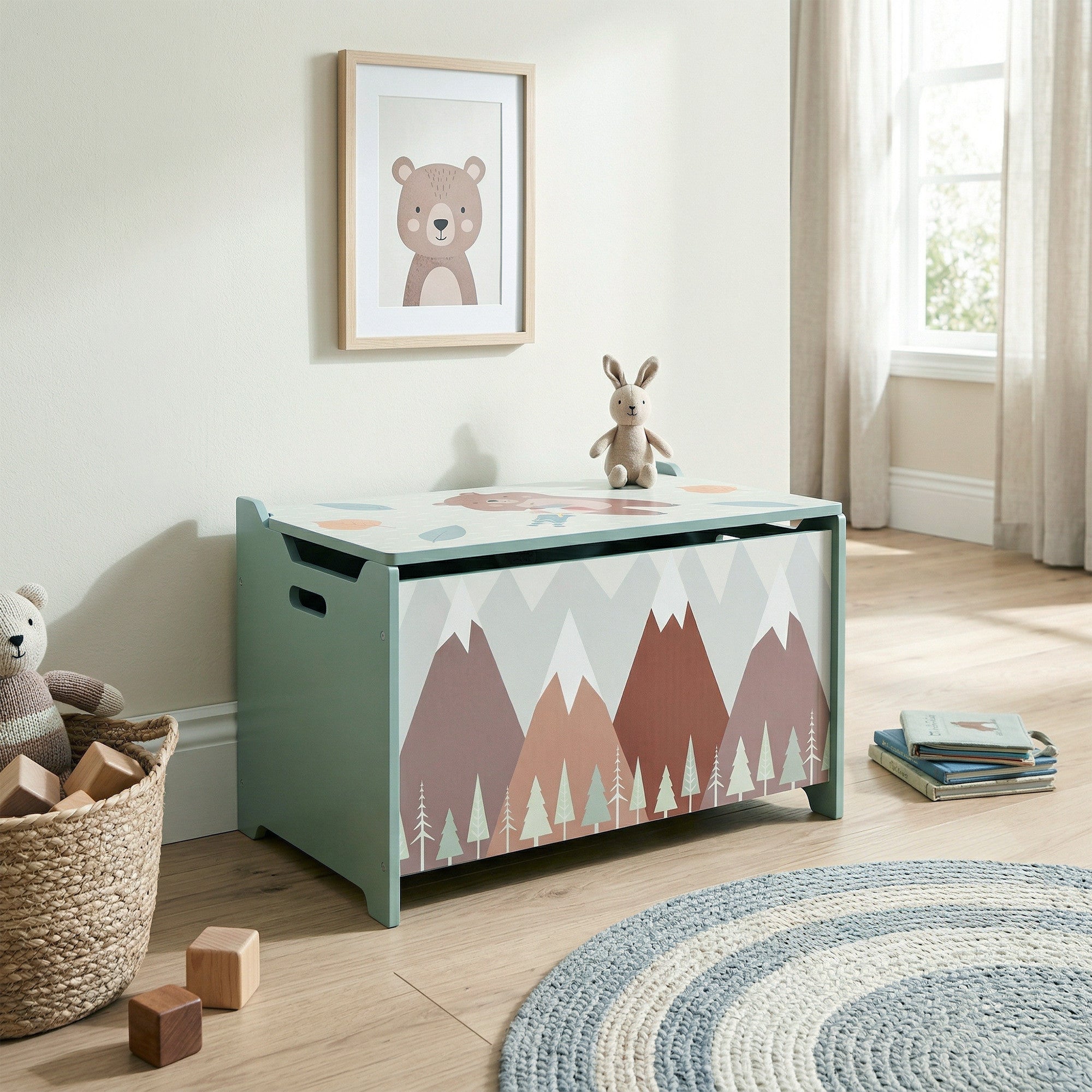 Qaba Toy Box, Kids Storage Chest with Lid, Safety Hinges and Groove Handles, Toy Storage Organizer with Mountain Pattern for Boys, Girls, Green-Toys & Games > Toddler & Kids Furniture > Baby & Kids Storage-DECOROLALA