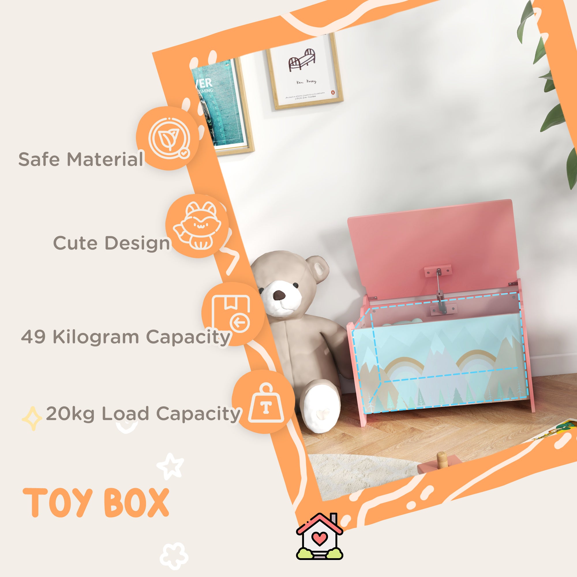 Qaba Toy Box, Kids Storage Chest with Lid, Safety Hinges and Groove Handles, Toy Storage Organizer with Rainbow Pattern for Boys, Girls, Pink-Toys & Games > Toddler & Kids Furniture > Baby & Kids Storage-DECOROLALA
