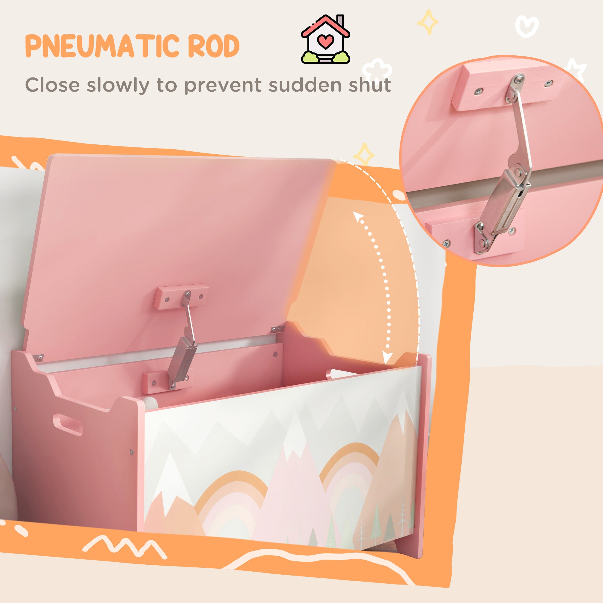 Qaba Toy Box, Kids Storage Chest with Lid, Safety Hinges and Groove Handles, Toy Storage Organizer with Rainbow Pattern for Boys, Girls, Pink-Toys & Games > Toddler & Kids Furniture > Baby & Kids Storage-DECOROLALA