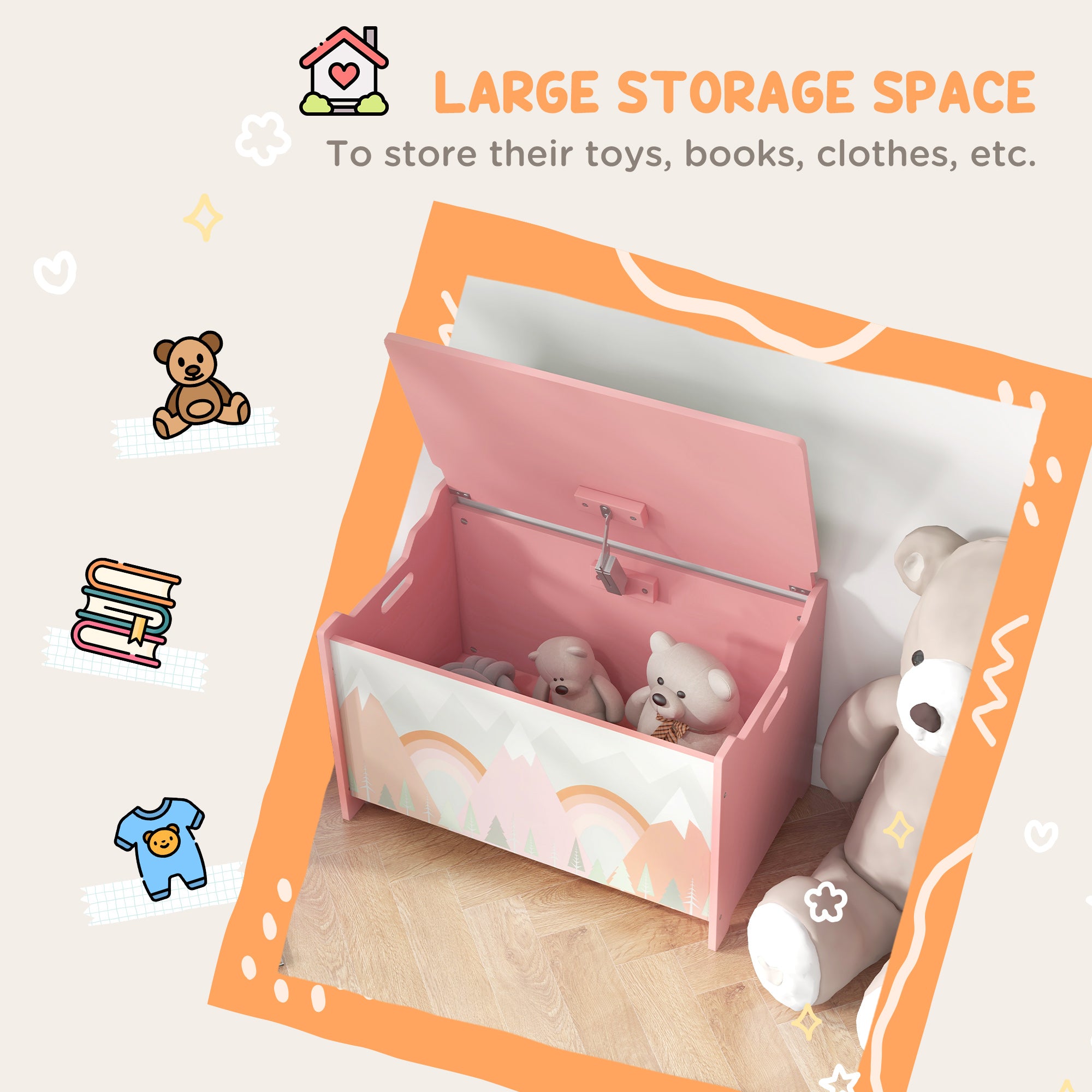 Qaba Toy Box, Kids Storage Chest with Lid, Safety Hinges and Groove Handles, Toy Storage Organizer with Rainbow Pattern for Boys, Girls, Pink-Toys & Games > Toddler & Kids Furniture > Baby & Kids Storage-DECOROLALA