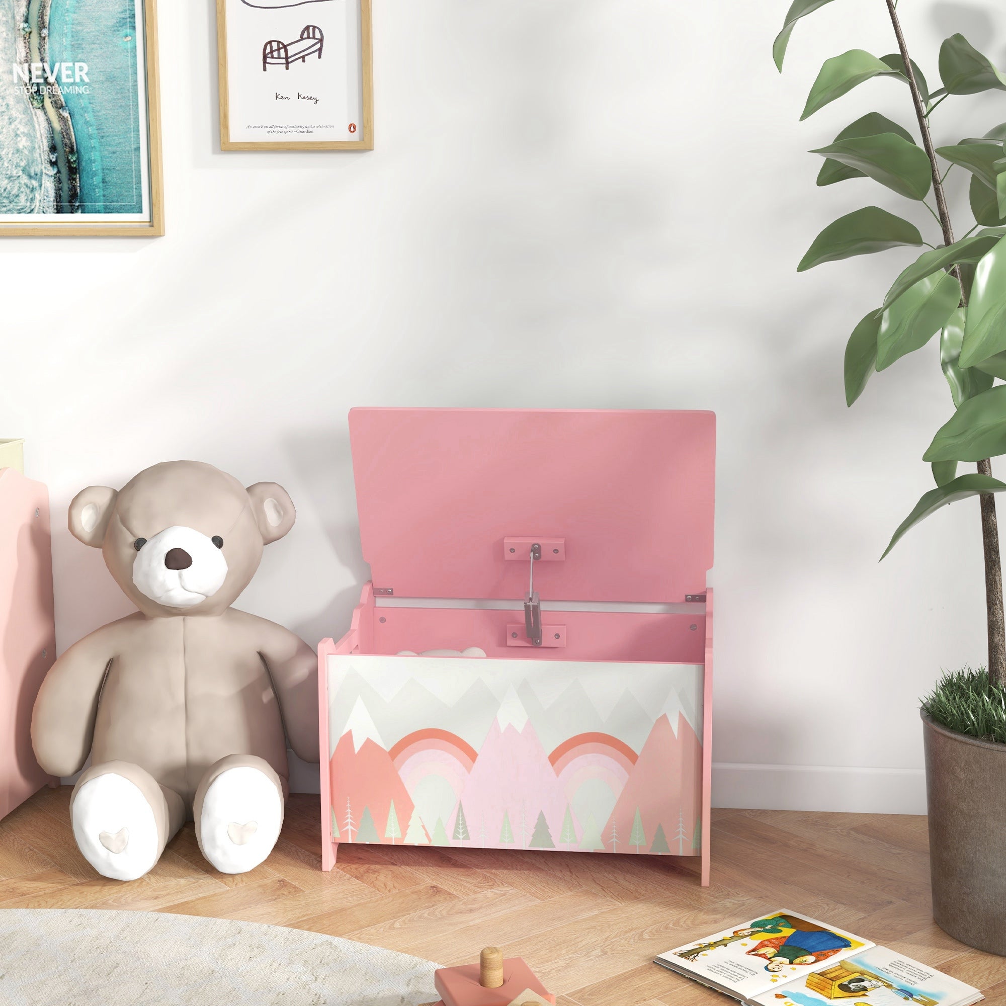 Qaba Toy Box, Kids Storage Chest with Lid, Safety Hinges and Groove Handles, Toy Storage Organizer with Rainbow Pattern for Boys, Girls, Pink-Toys & Games > Toddler & Kids Furniture > Baby & Kids Storage-DECOROLALA