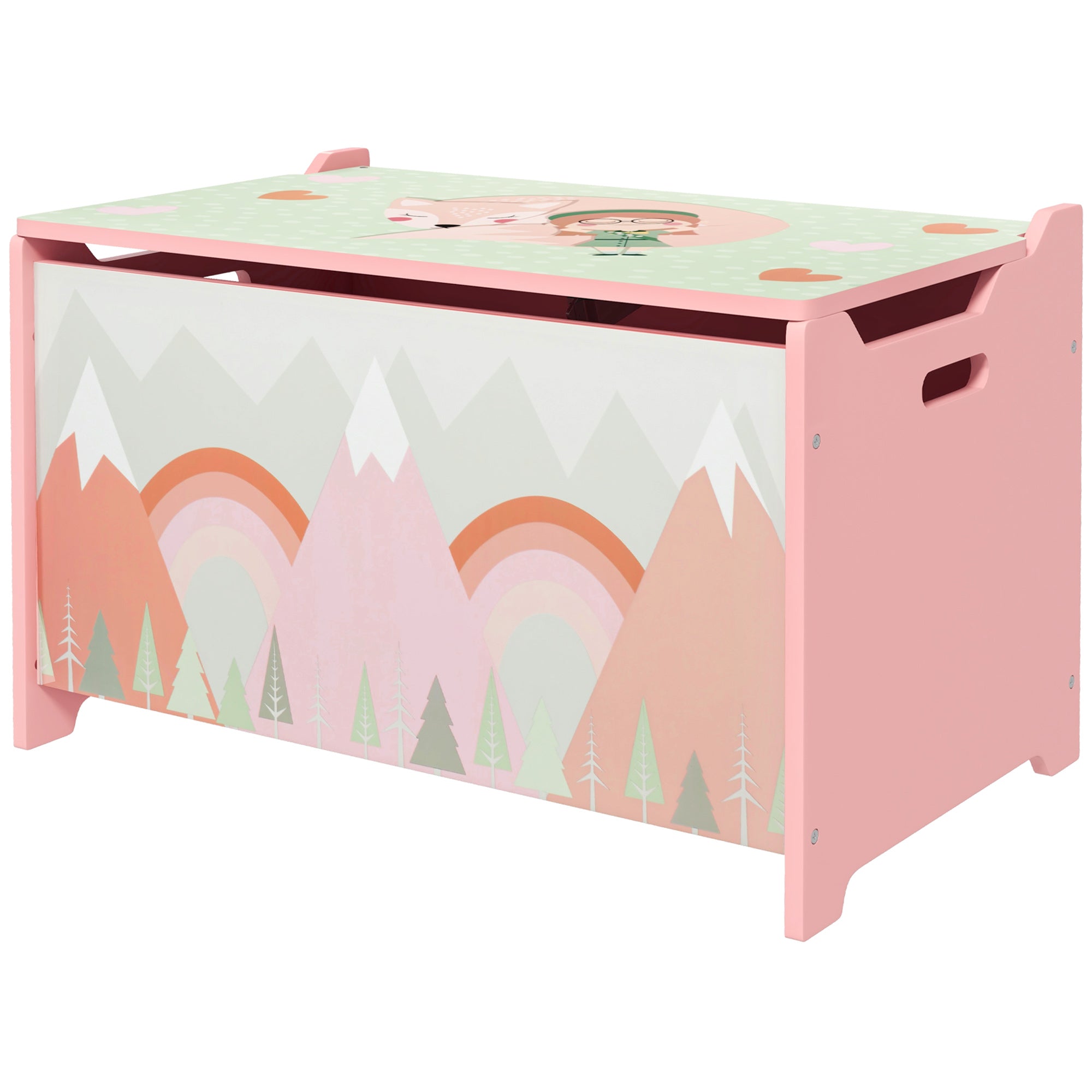 Qaba Toy Box, Kids Storage Chest with Lid, Safety Hinges and Groove Handles, Toy Storage Organizer with Rainbow Pattern for Boys, Girls, Pink-Toys & Games > Toddler & Kids Furniture > Baby & Kids Storage-DECOROLALA