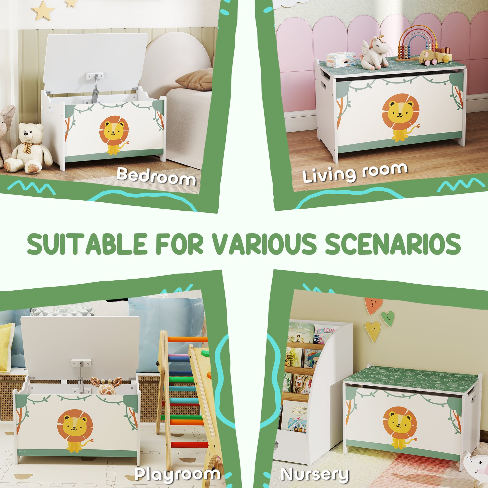 Qaba Toy Chest, Kids Storage Chest with Lid, Safety Hinges and Groove Handles for Boys, Girls, Green-Toys & Games > Toddler & Kids Furniture > Baby & Kids Storage-DECOROLALA