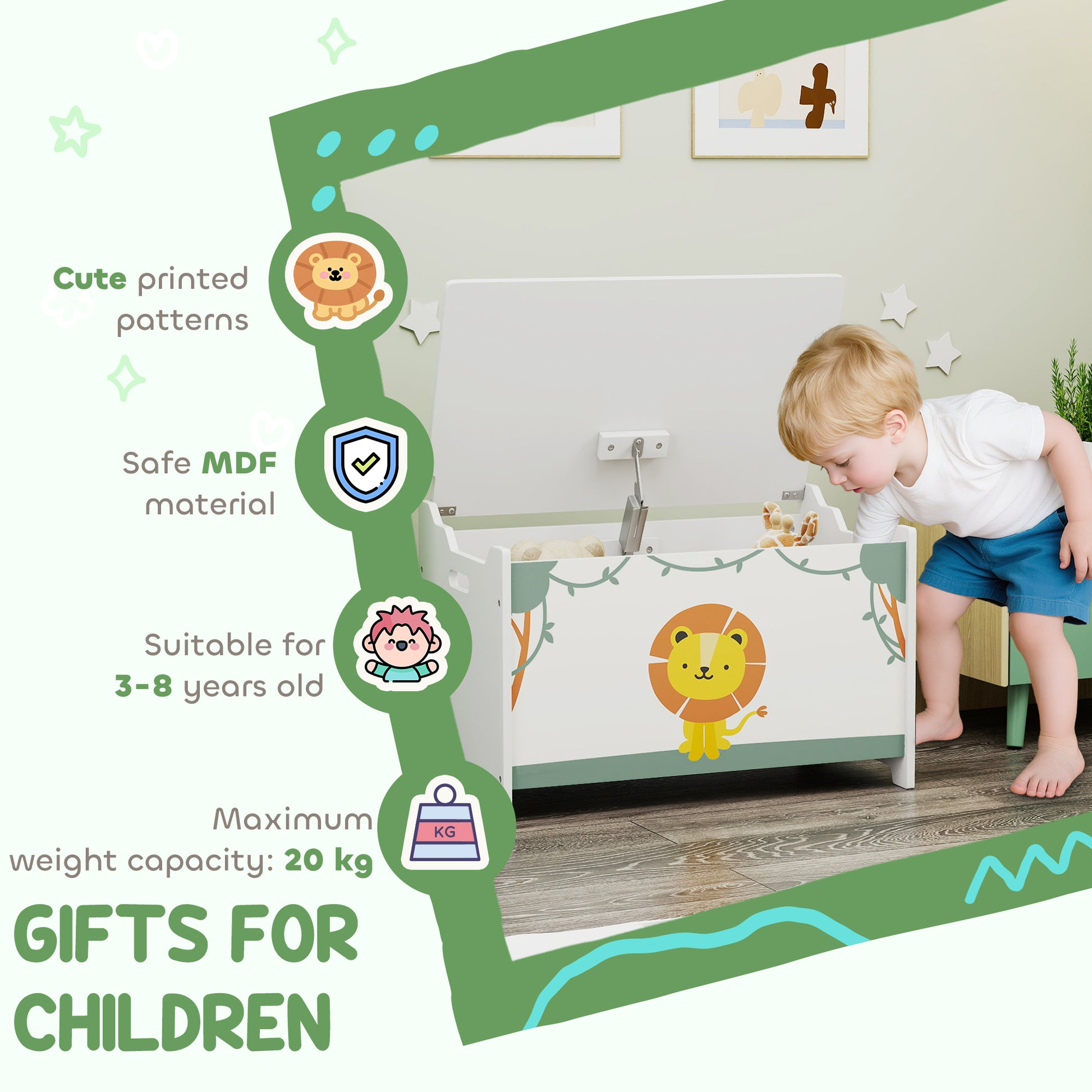 Qaba Toy Chest, Kids Storage Chest with Lid, Safety Hinges and Groove Handles for Boys, Girls, Green-Toys & Games > Toddler & Kids Furniture > Baby & Kids Storage-DECOROLALA
