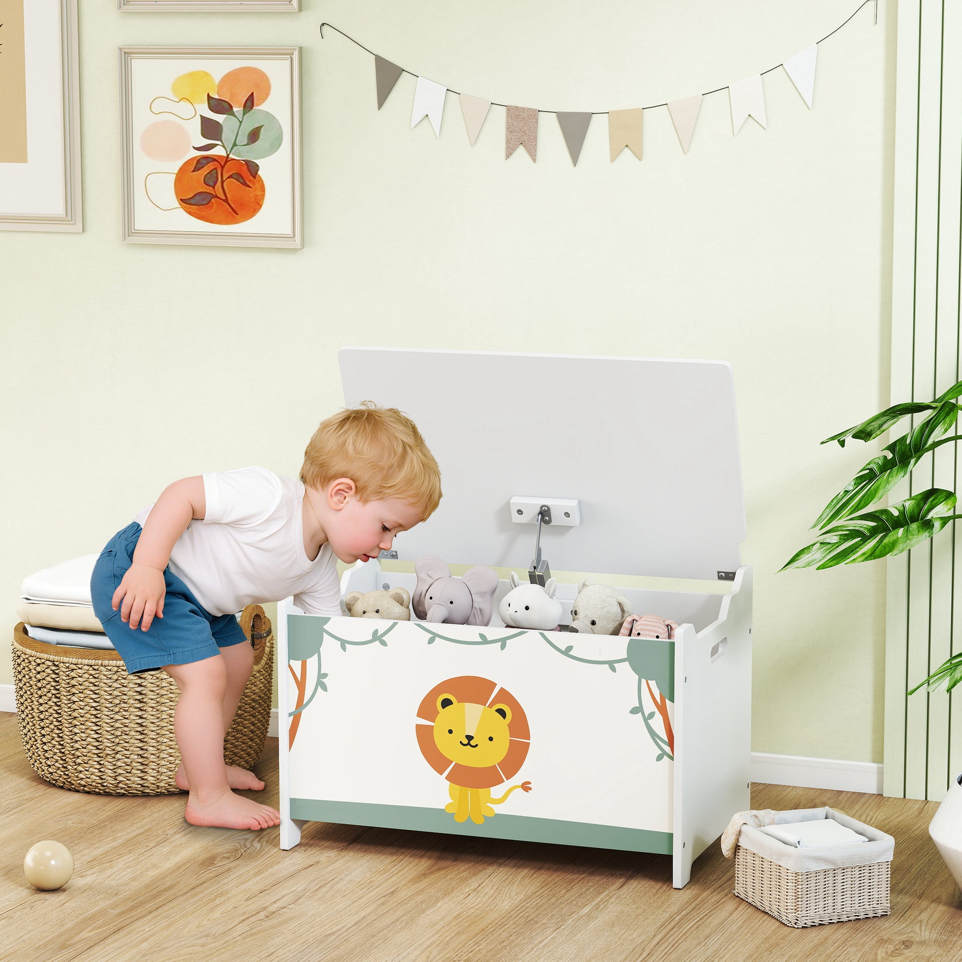 Qaba Toy Chest, Kids Storage Chest with Lid, Safety Hinges and Groove Handles for Boys, Girls, Green-Toys & Games > Toddler & Kids Furniture > Baby & Kids Storage-DECOROLALA